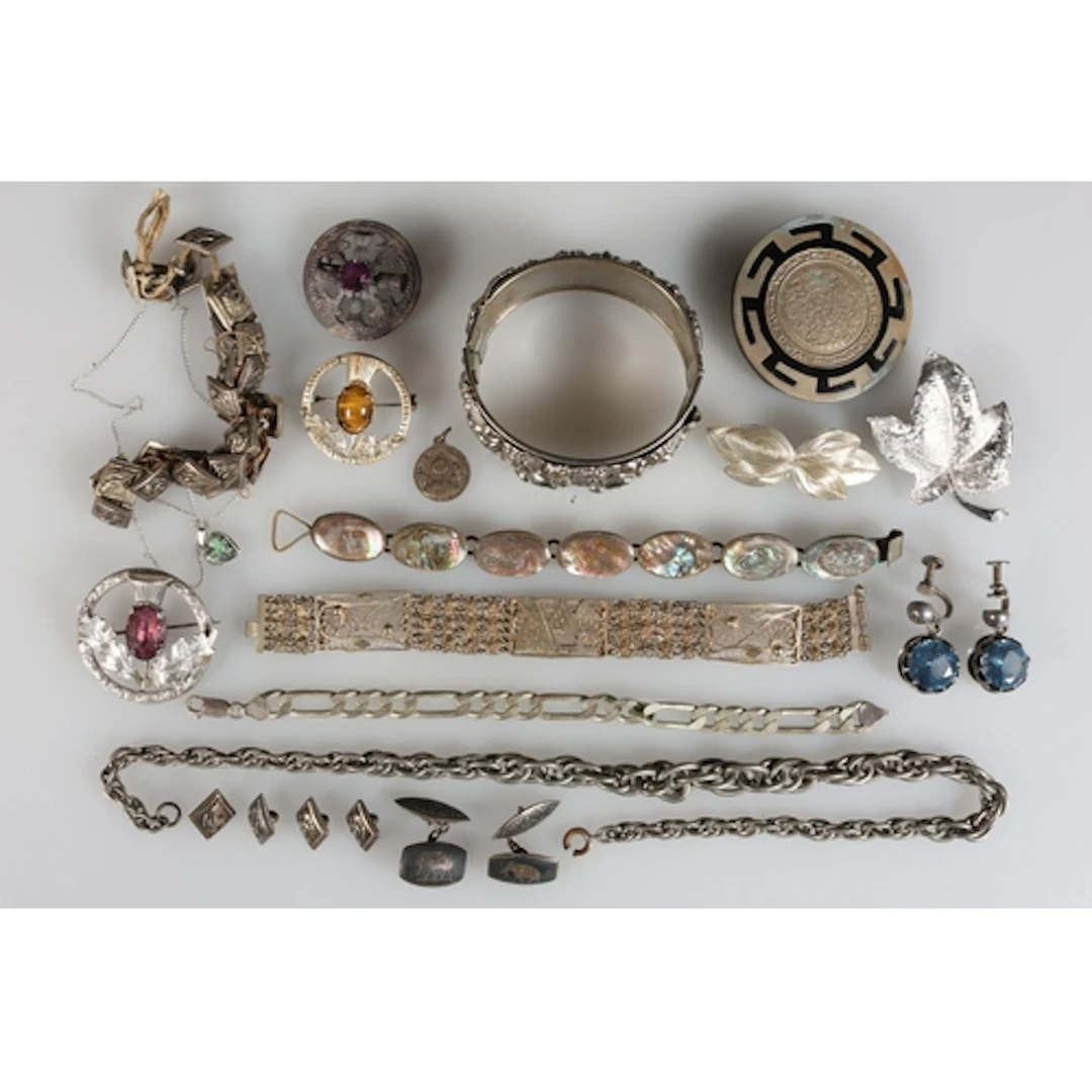 925 silver mounted South American coin brooch with black ena...