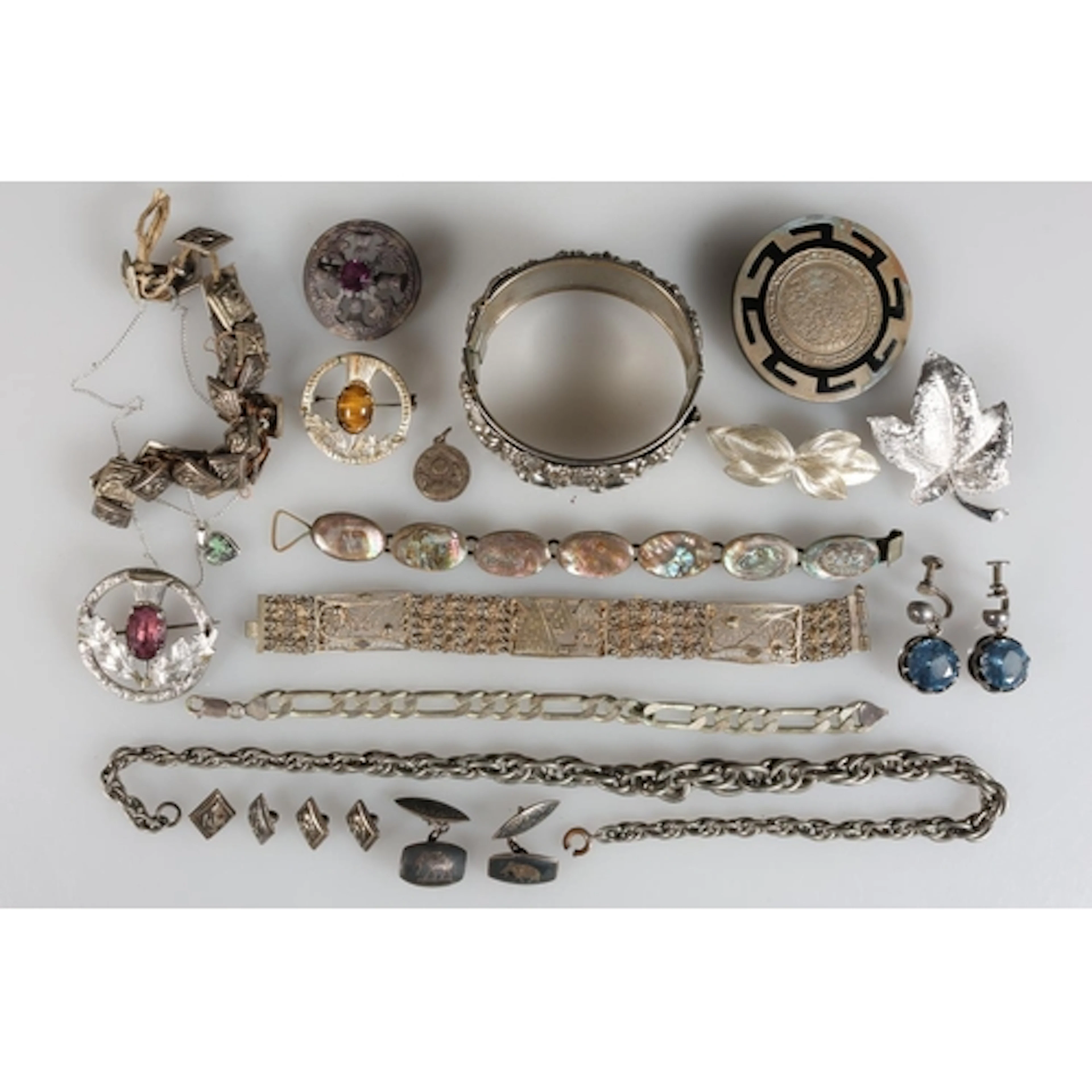 925 silver mounted South American coin brooch with black ena...