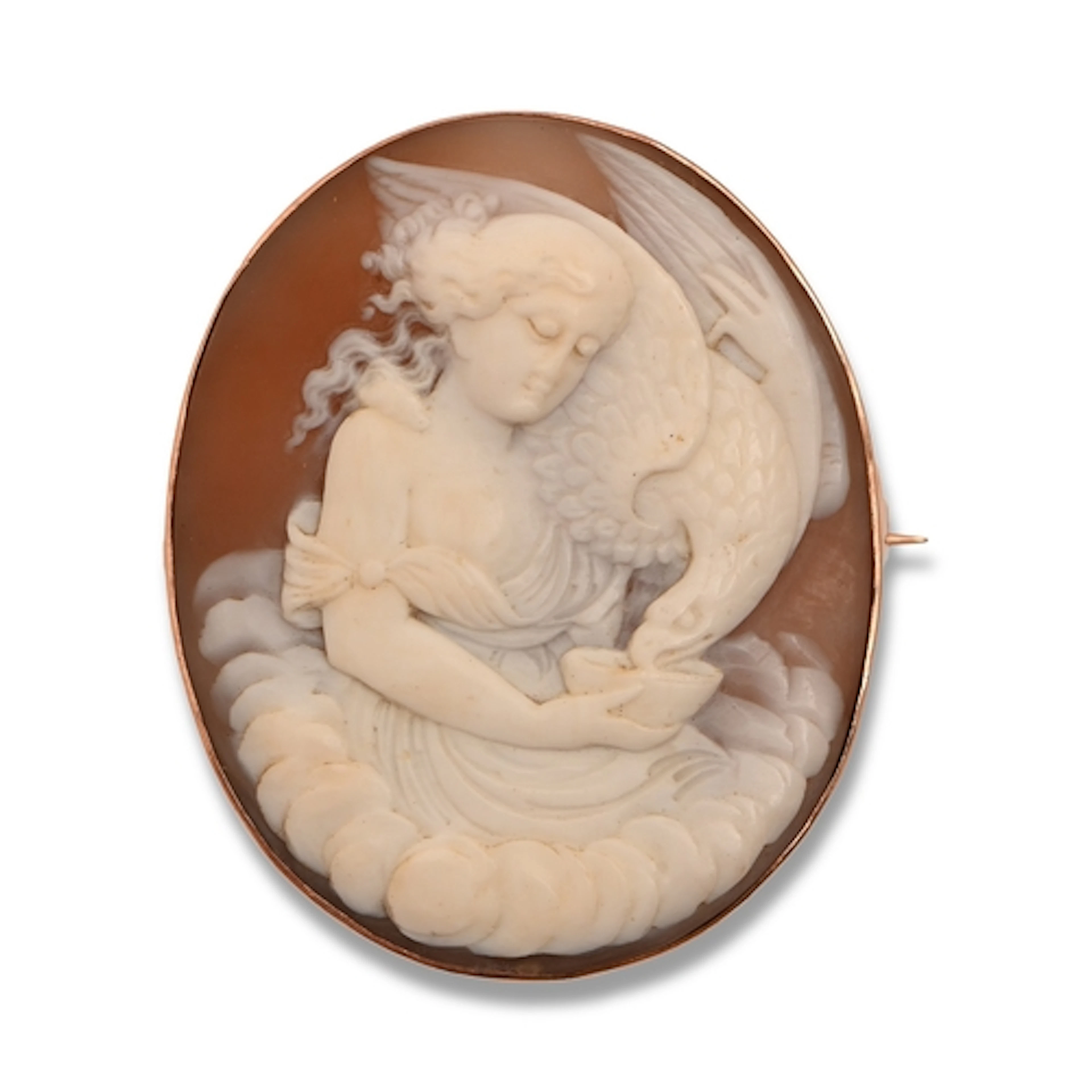 A cameo brooch, late 19th c, the oval shell carved with Hebe...