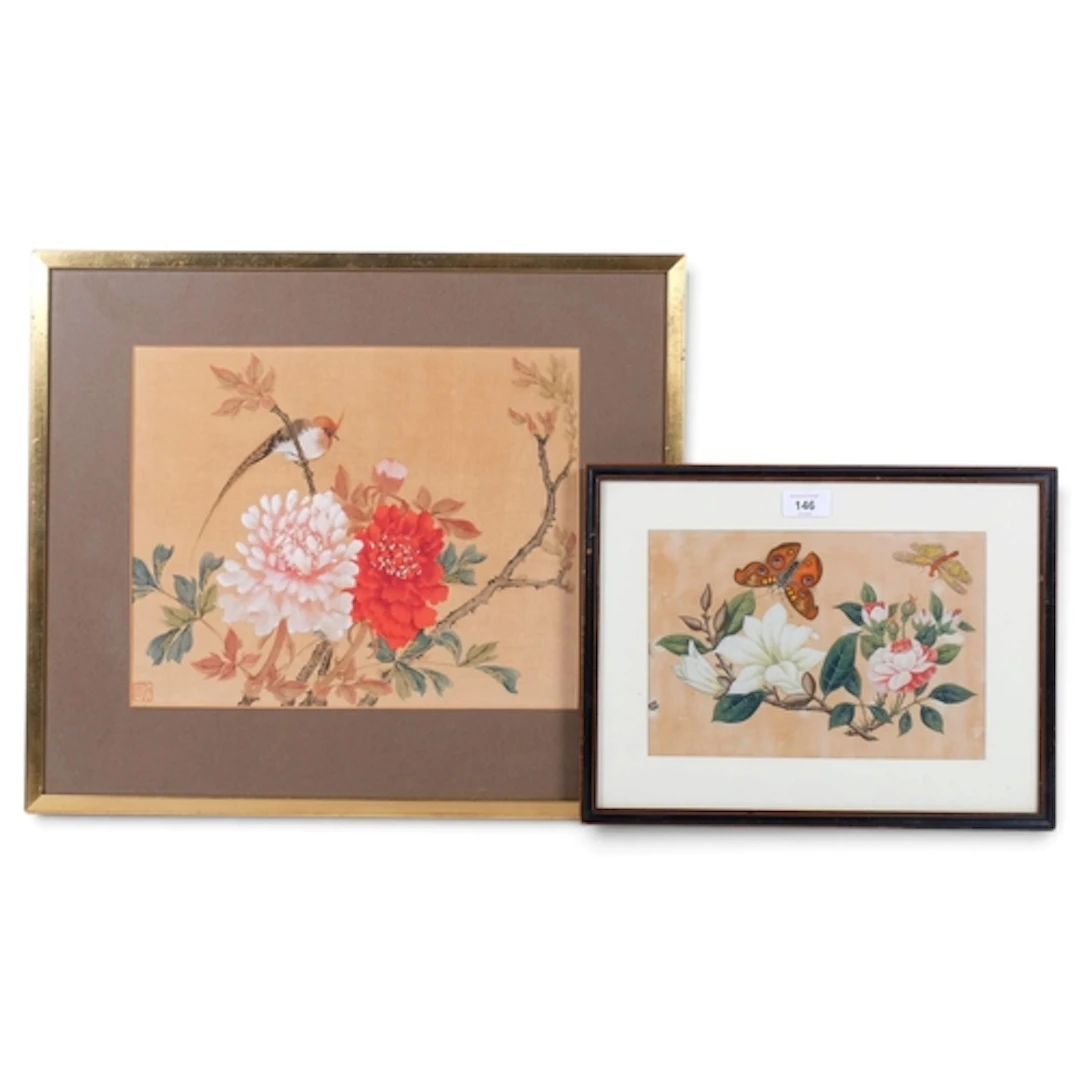 A Chinese pith painting depicting butterflies and flowers, 1...