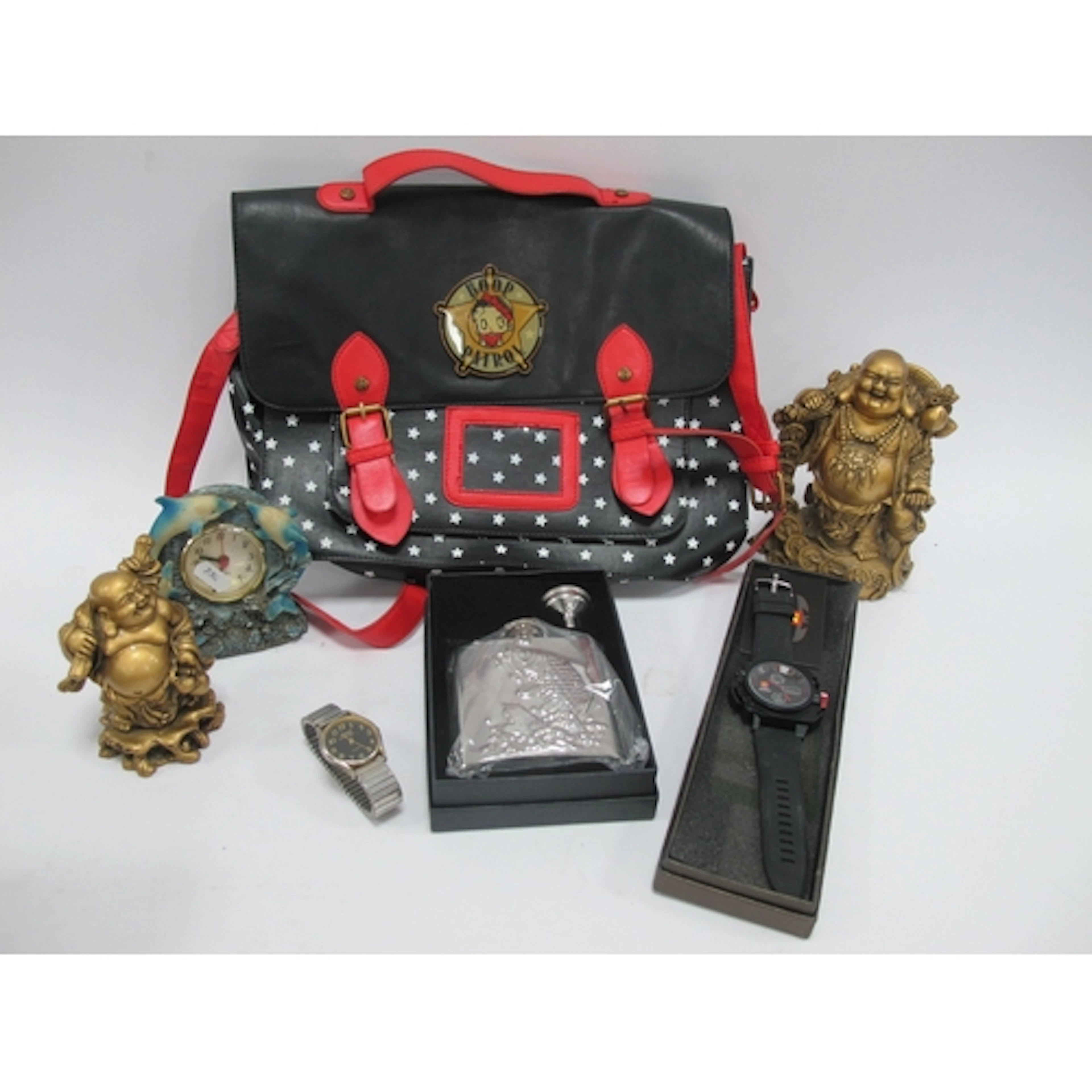 Betty Boop Diner Bag, resin Buddahs, watches, clock, hip fla...