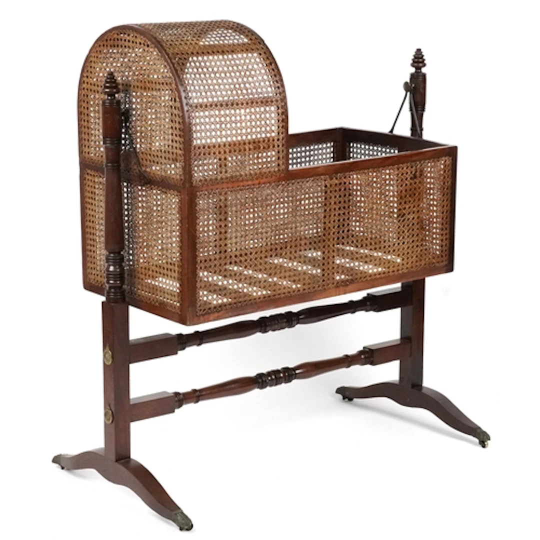 Victorian mahogany and cane swinging cradle with domed cane ...