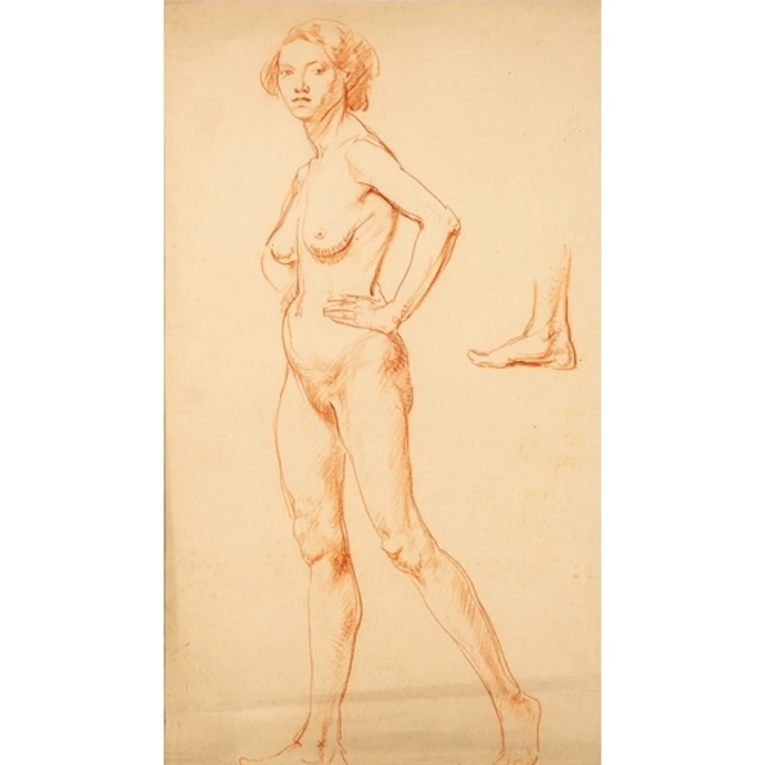 20th Century school - Standing nude - Conte crayon - Unsi...