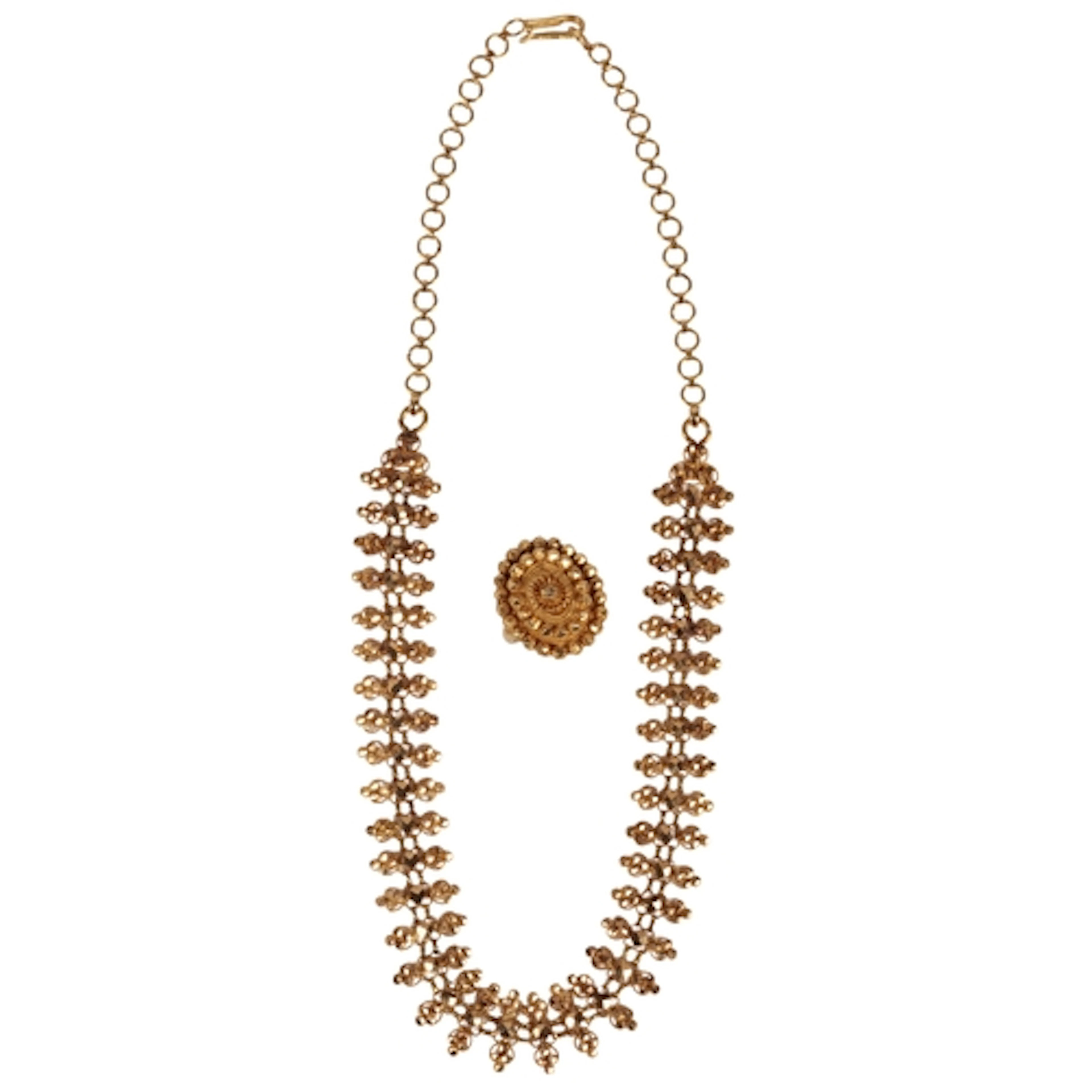 A gold demi-parure, the chain composed of links decorated wi...