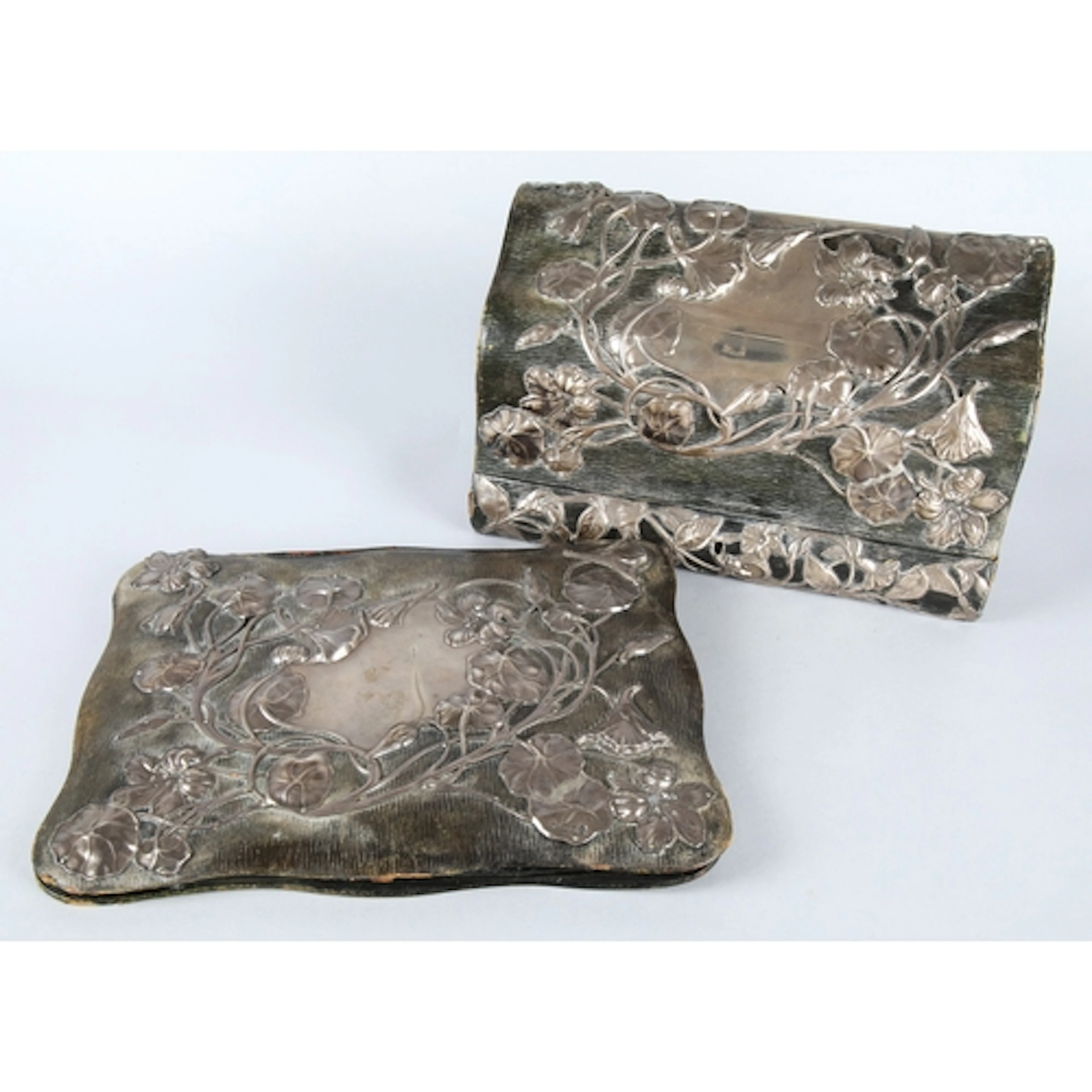 Edward VII silver mounted green leather stationary box, Deco...
