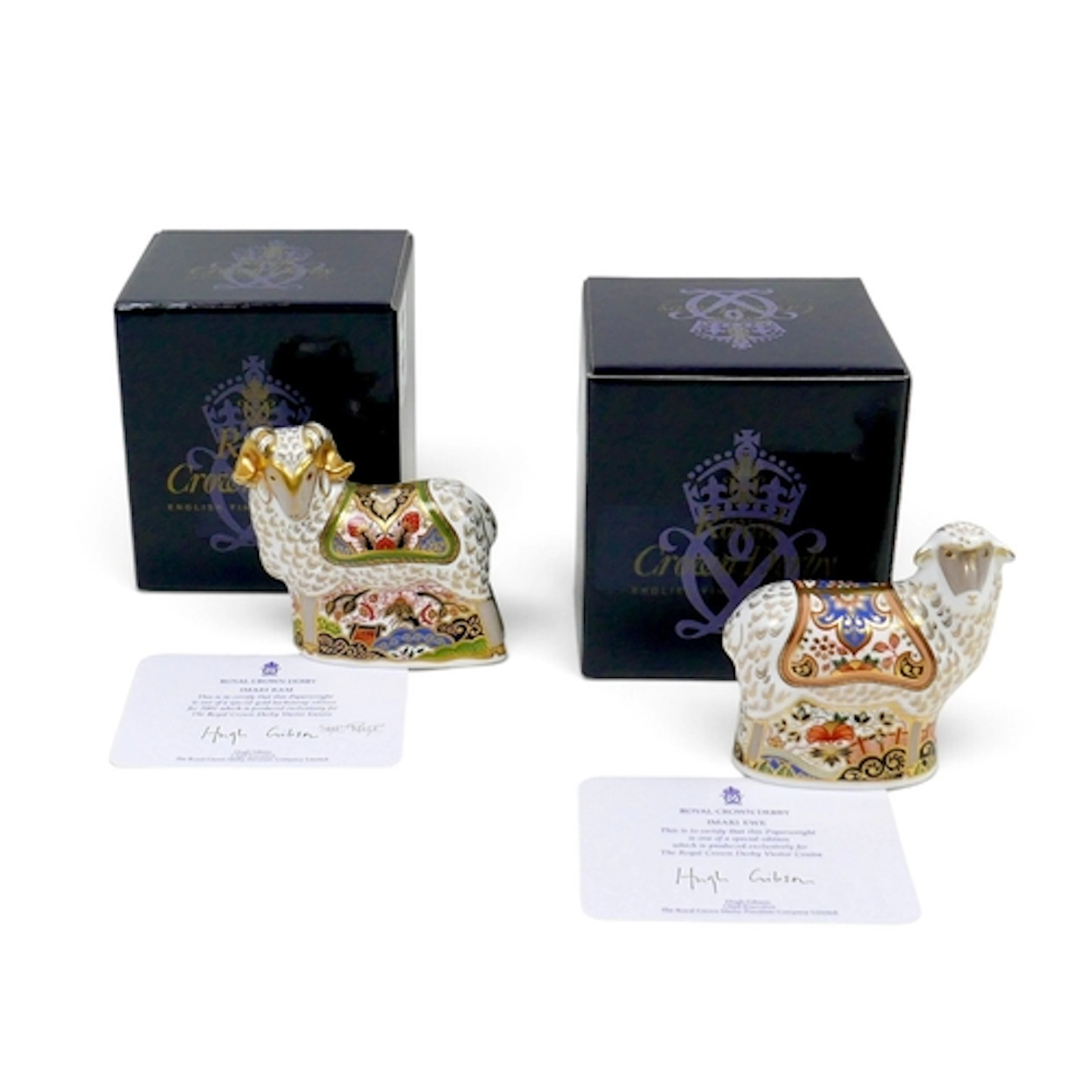 TWO LIMTED EDITION ROYAL CROWN DERBY IMARI RAM AND EWE PAPER...