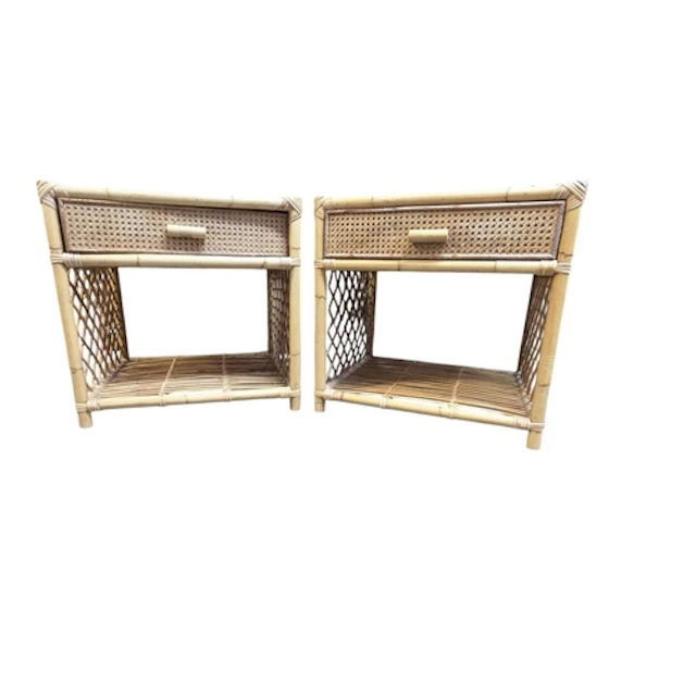 A pair of Italian style rattan and bamboo bedside tables. Th...