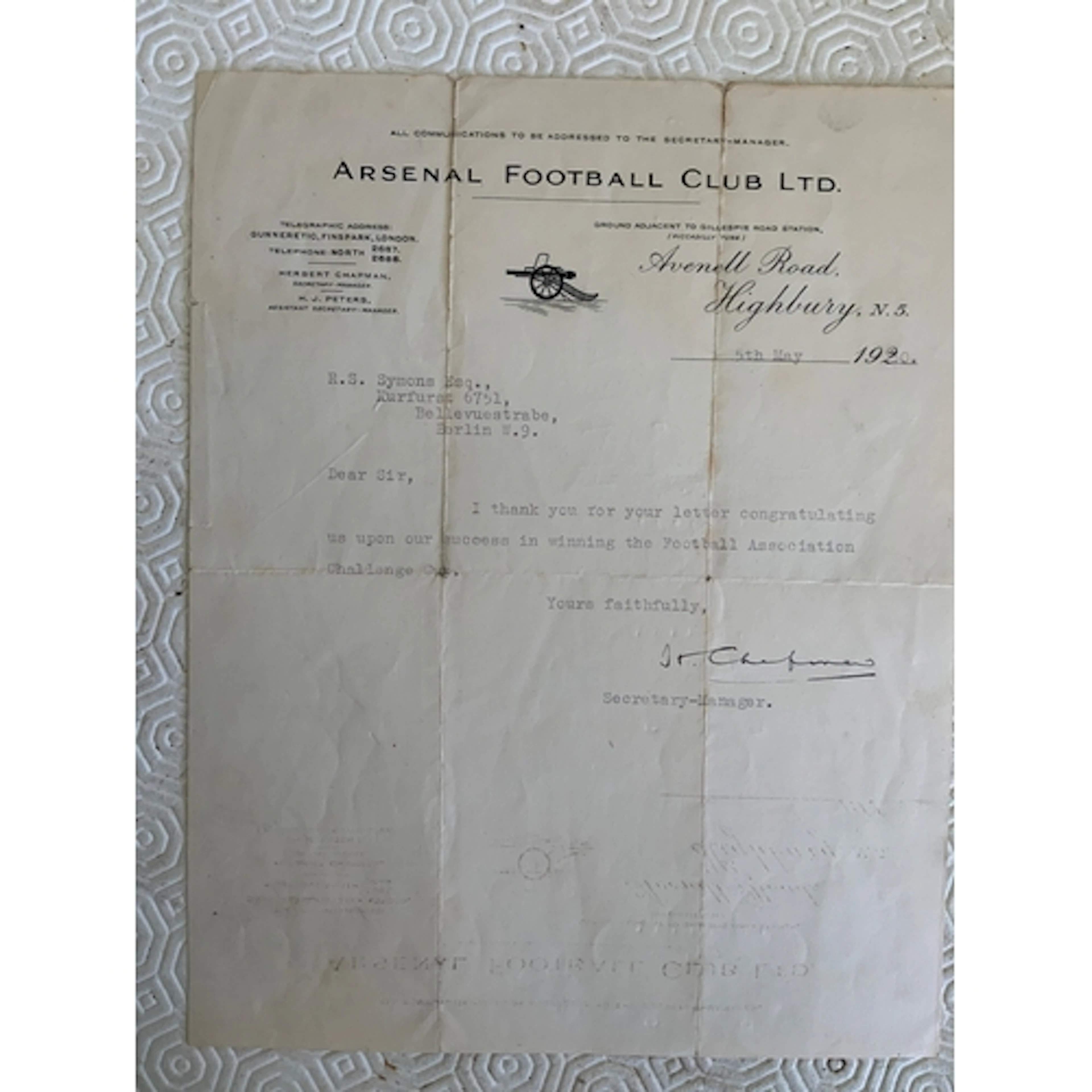 1930 Arsenal FA Cup Winning Football Memorabilia: Letter on ...