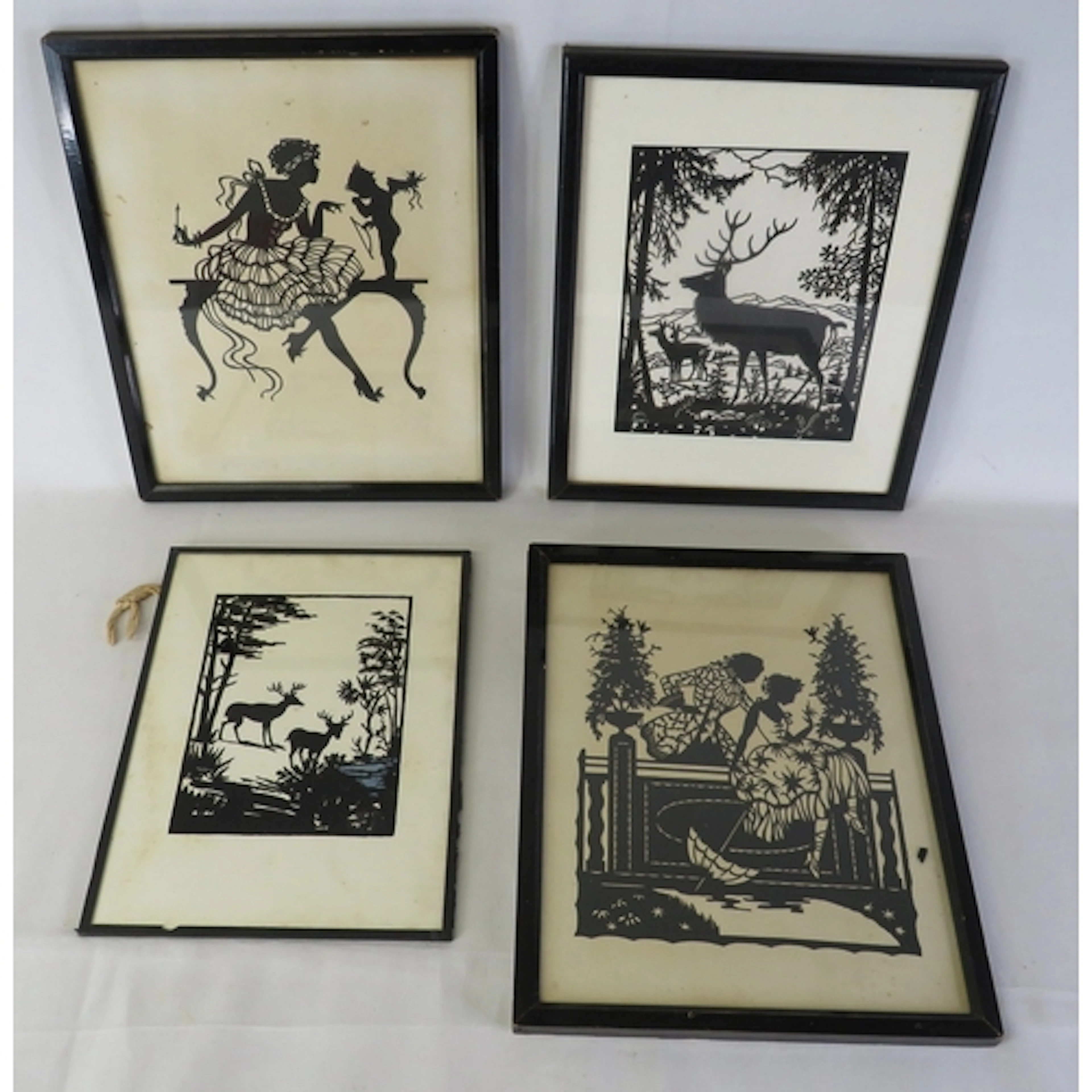 4 Silhouette Pictures, 3 F/g, depicting figures & deer, larg...