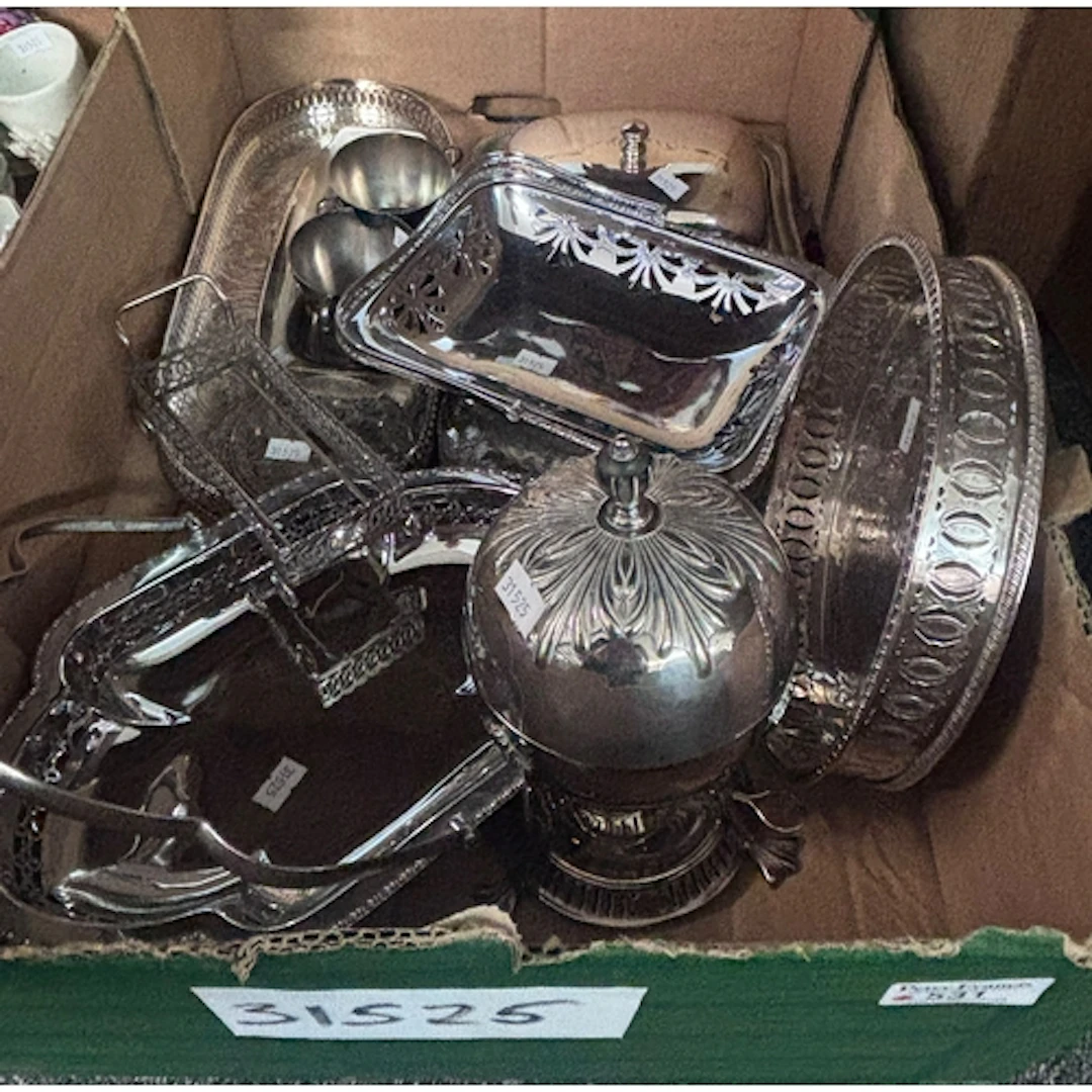 Box of silver plate to include cake baskets, trays, butter d...