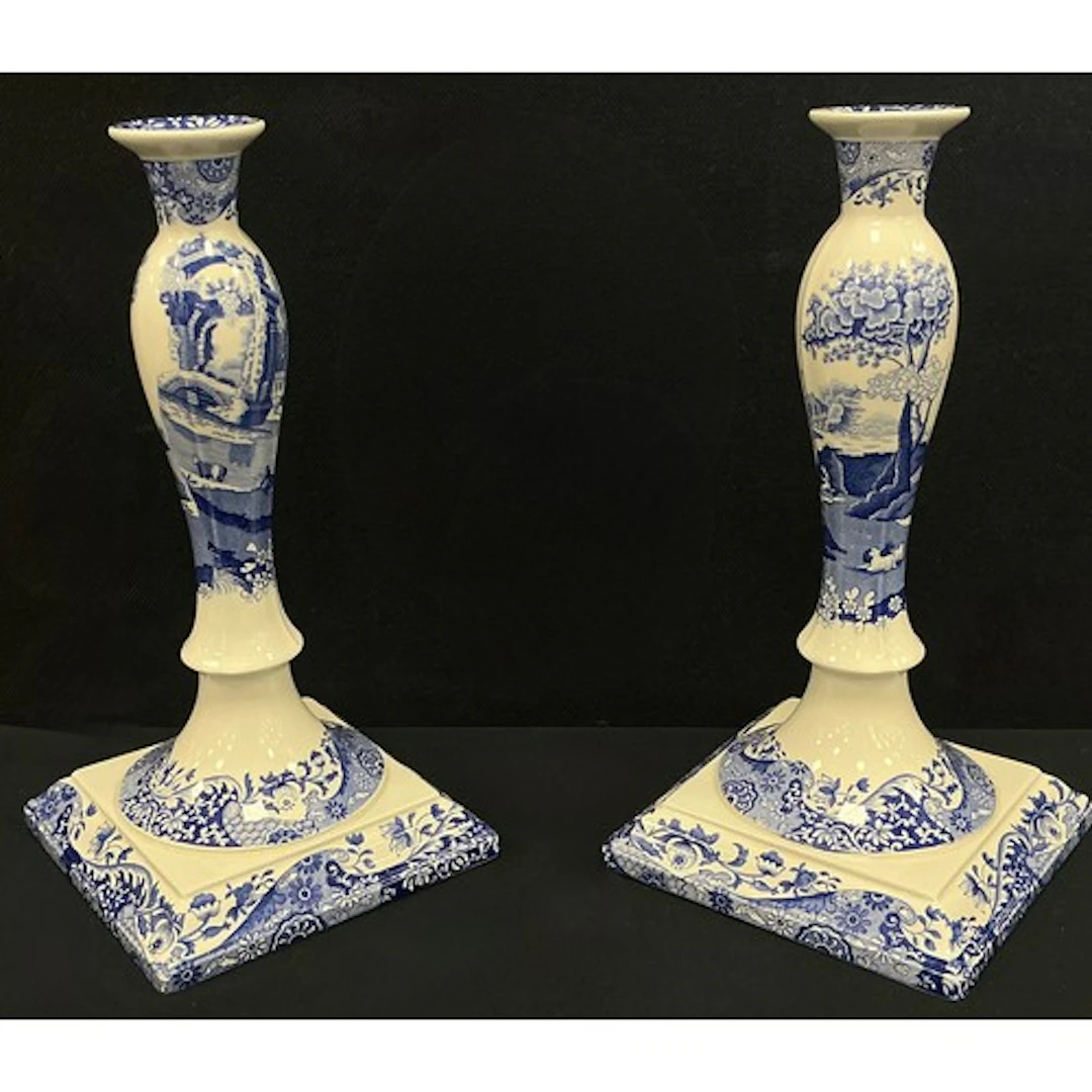 A pair of Spode Italian pattern blue and white candlesticks,...