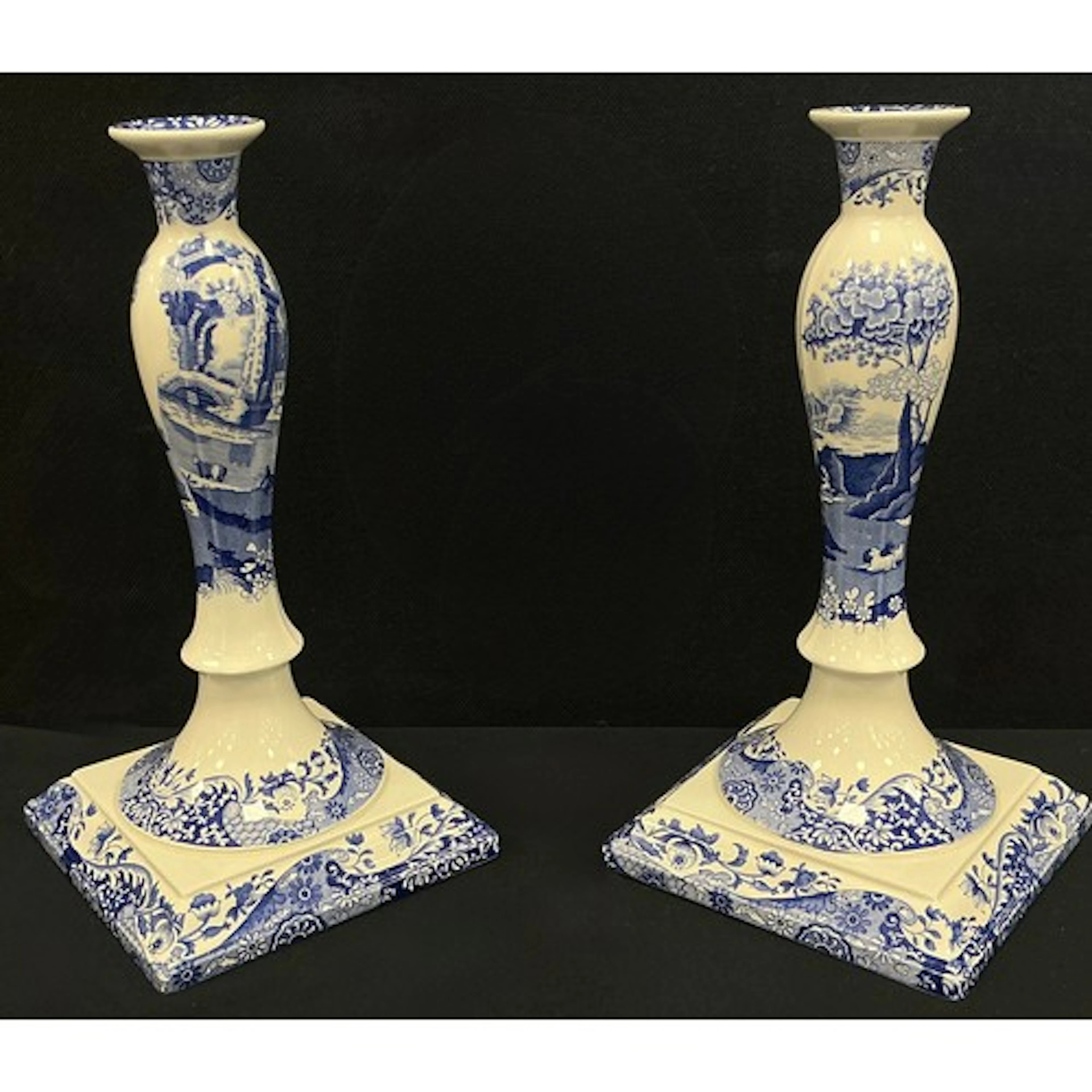 A pair of Spode Italian pattern blue and white candlesticks,...