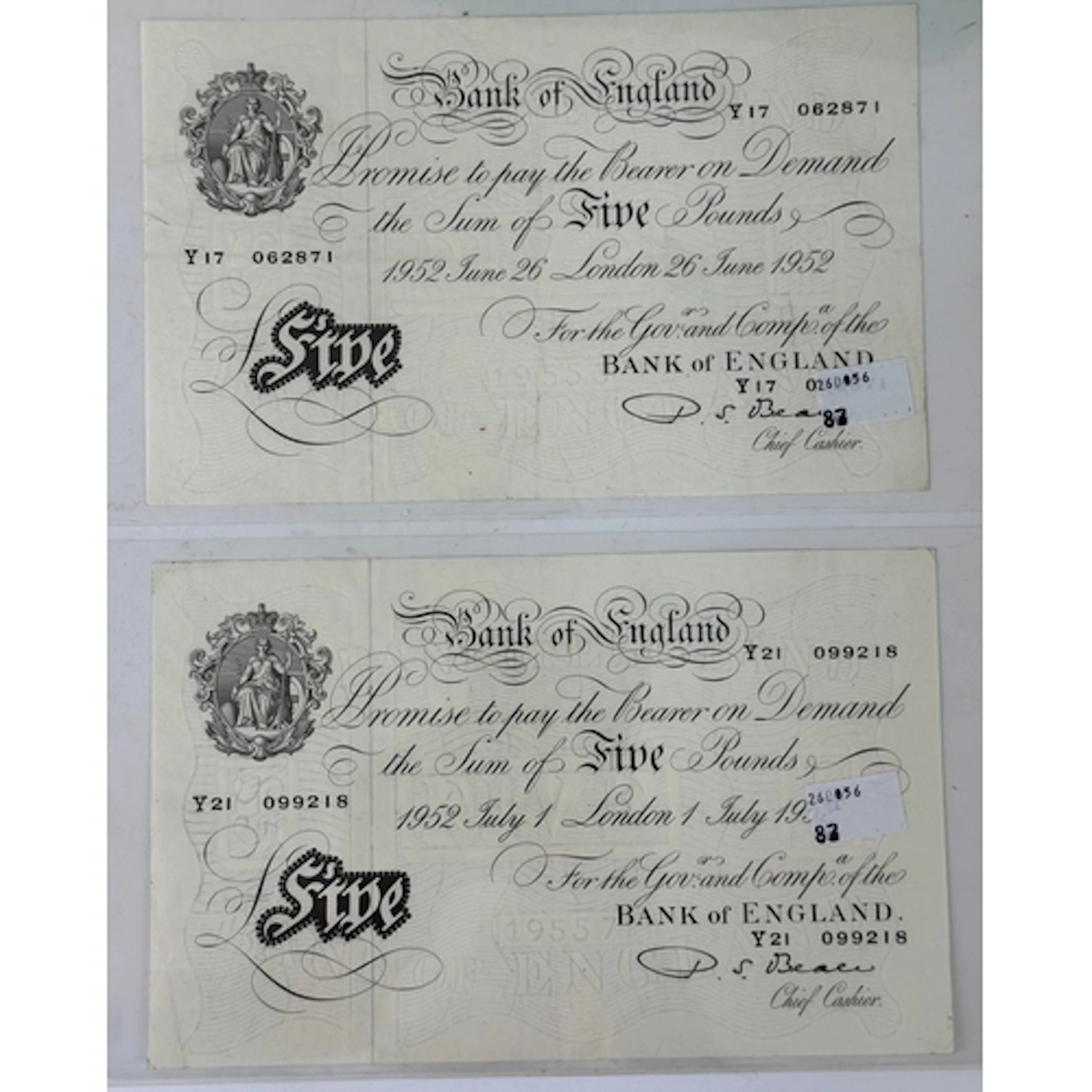 Banknotes: P S Beale £5 notes (2) 1st March 1949, serial num...
