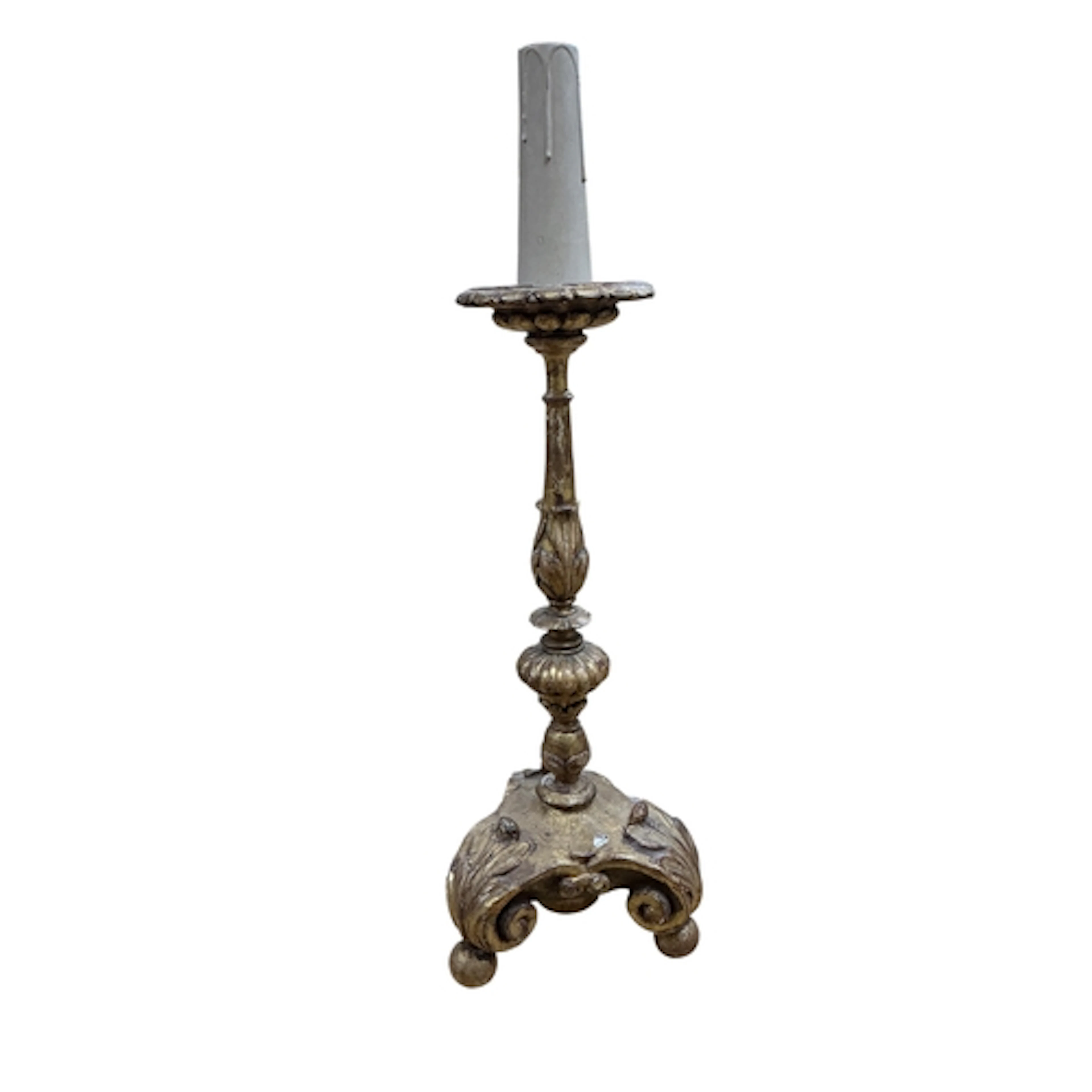 A 19th century gilt wood and composition pricket candlestick...