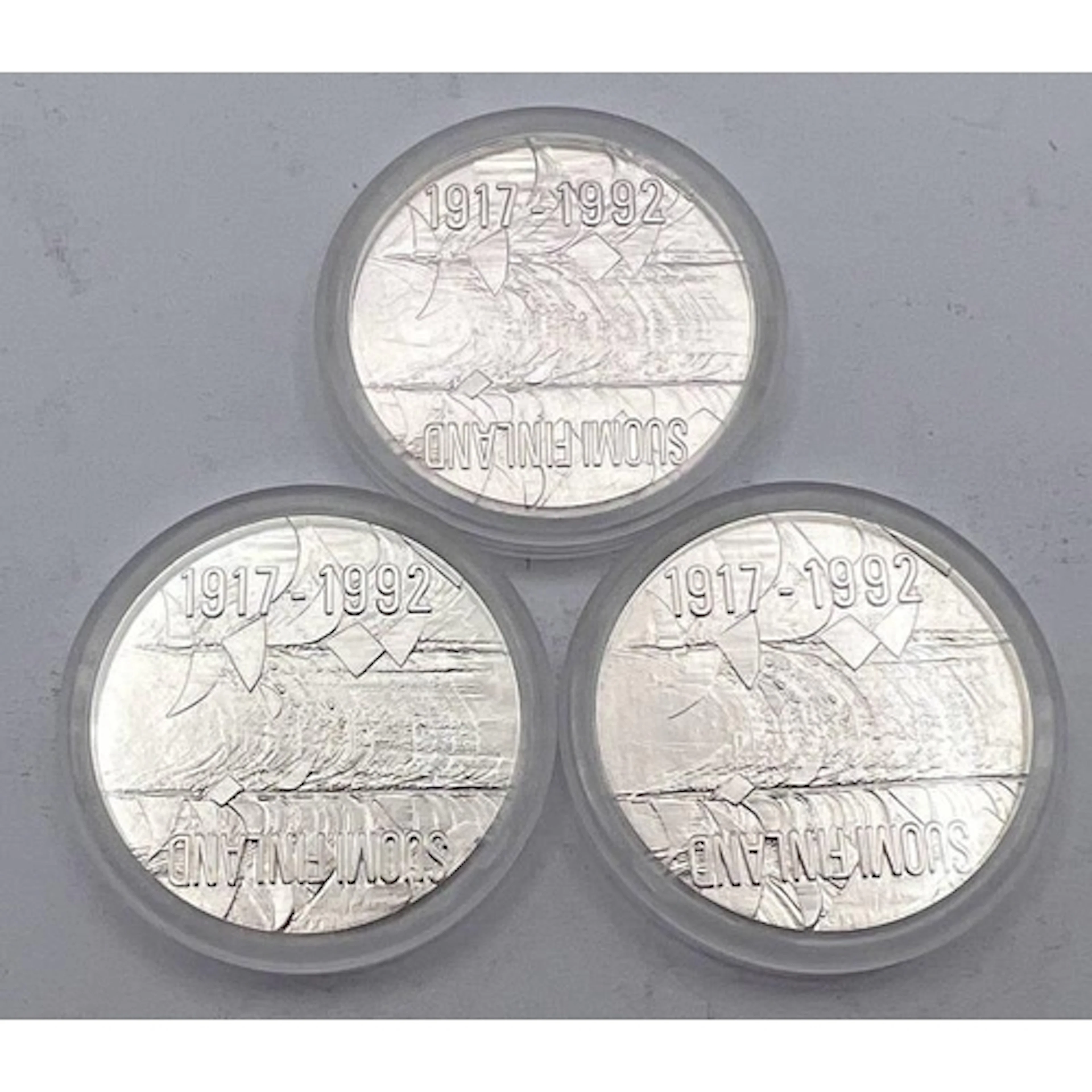 3 X FINLAND 100 MARKKA SILVER COINS COMMEMORATING THE 75TH A...