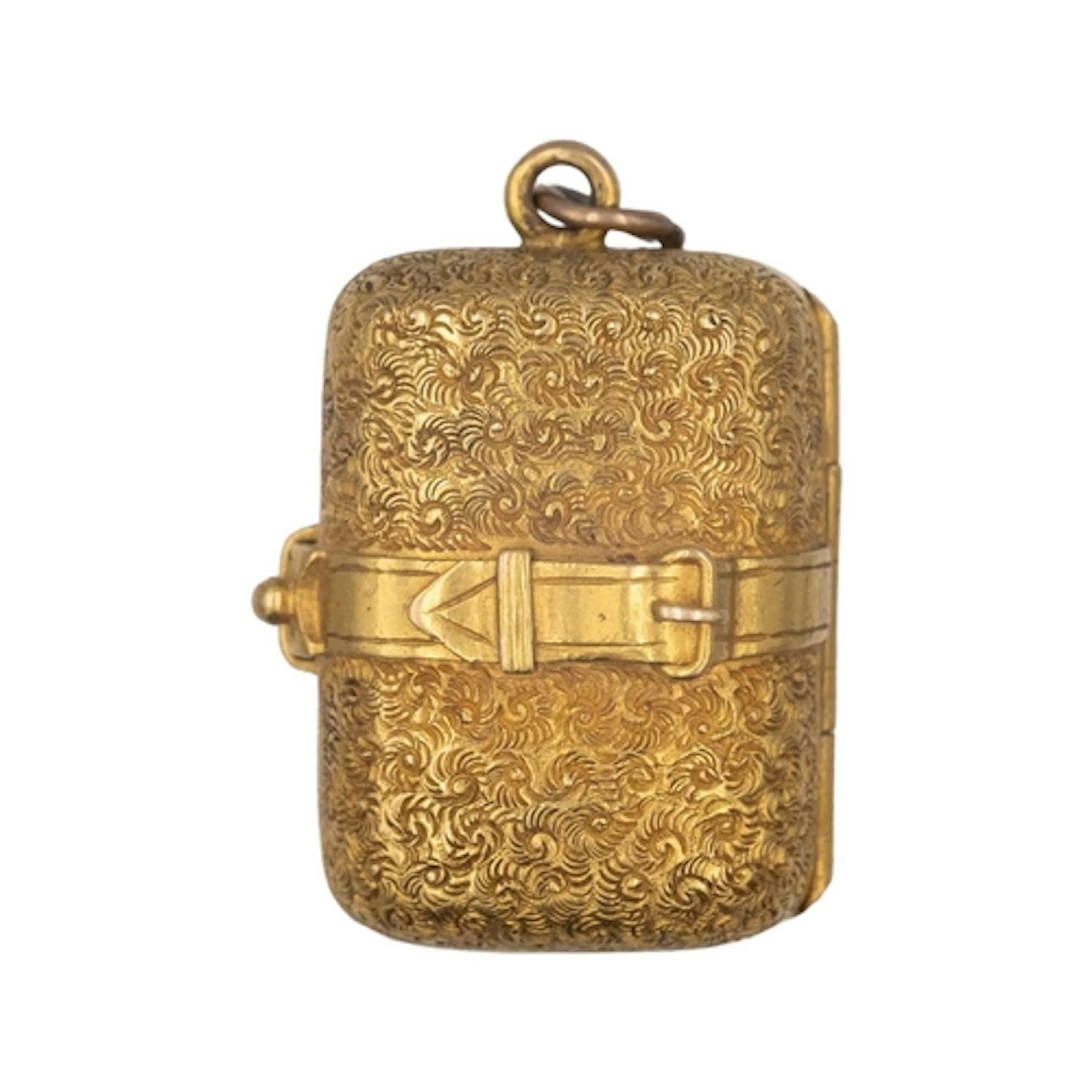 A Victorian gold locket pendant or charm buckled satchel. Of...