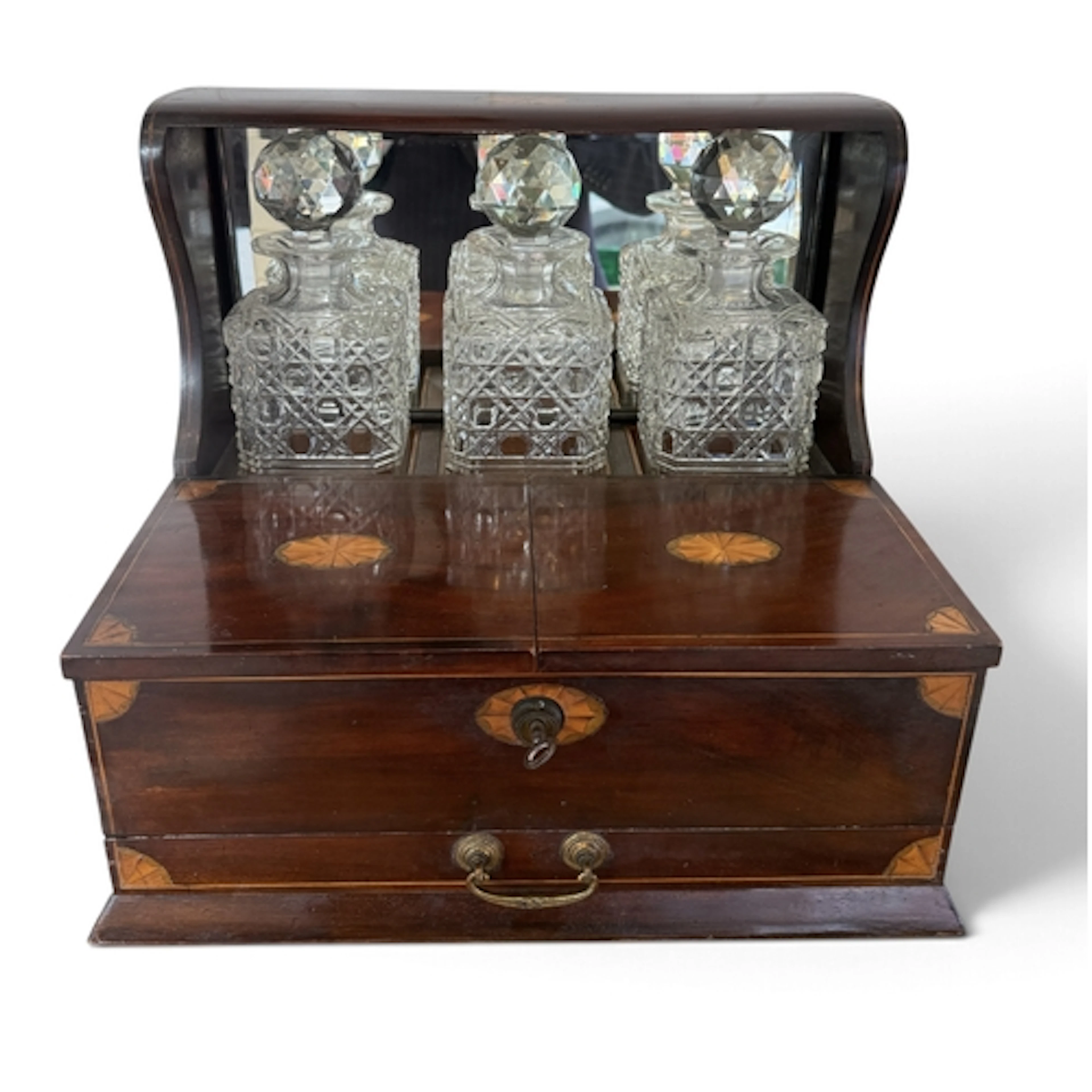 AN EDWARDIAN MAHOGANY BOXWOOD STRUNG AND INLAID COMBINED TAN...