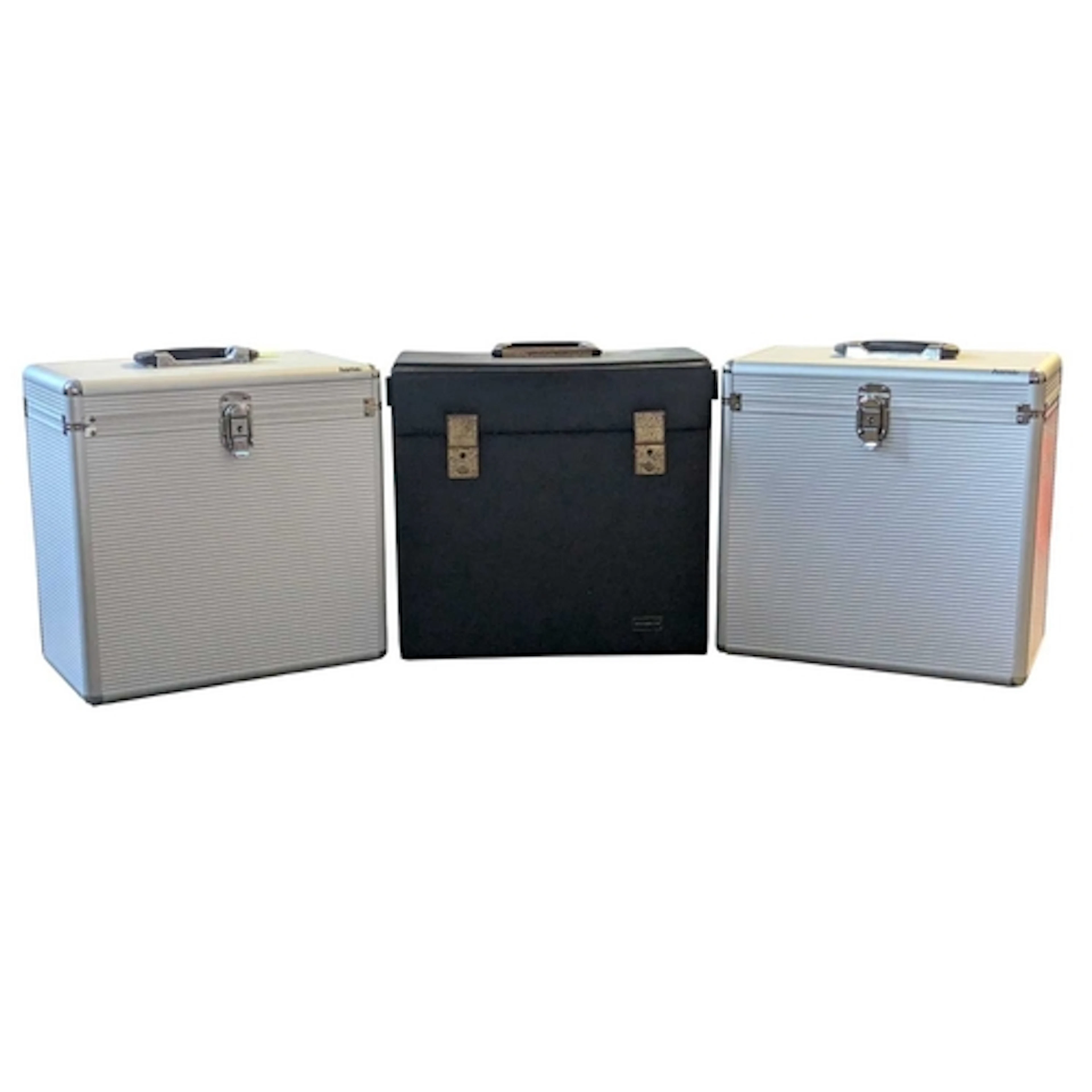 Three modern vinyl record album cases. Two metal aluminium c...