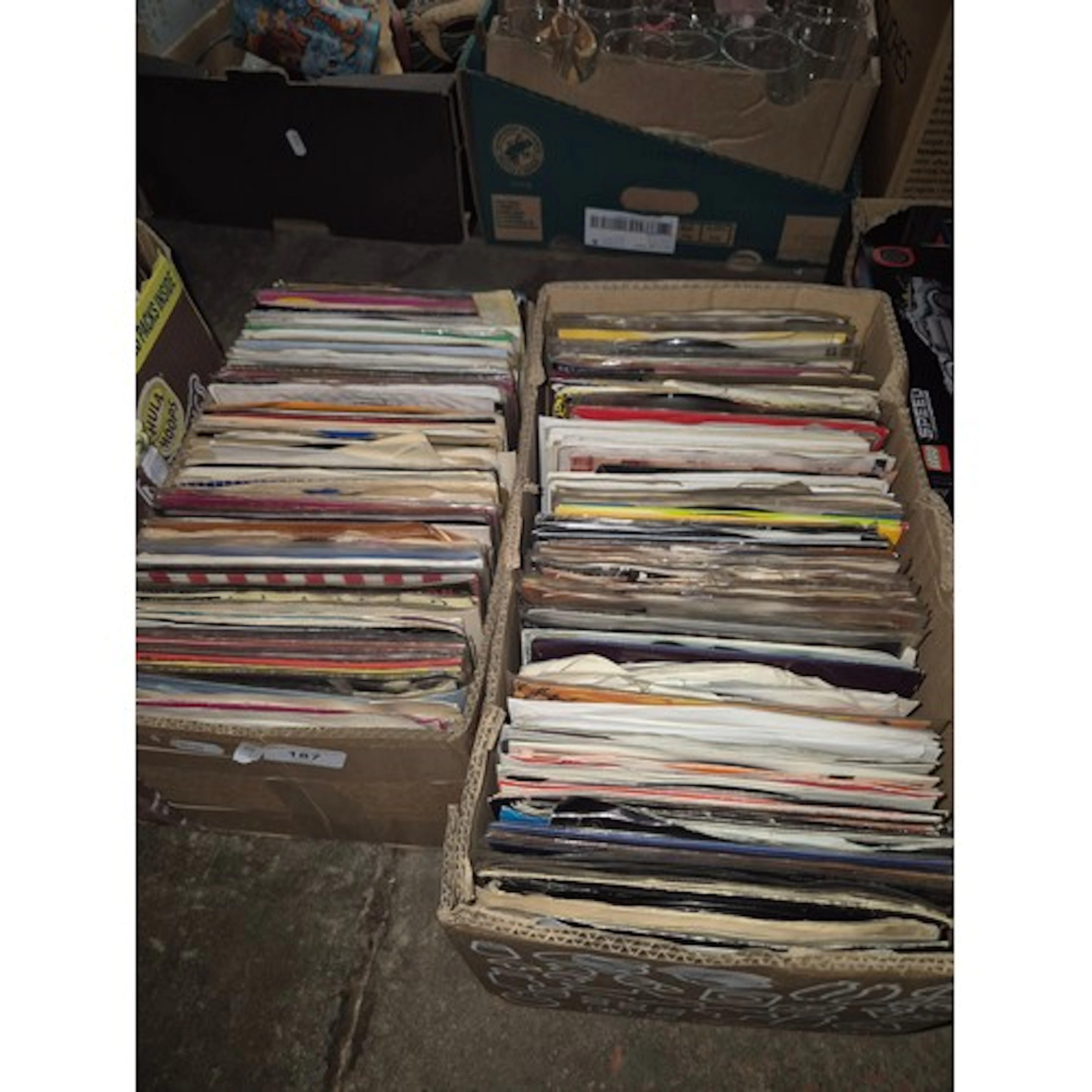 Two boxes of assorted 7" vinyl, mixed genres, mainly 60s,70s...