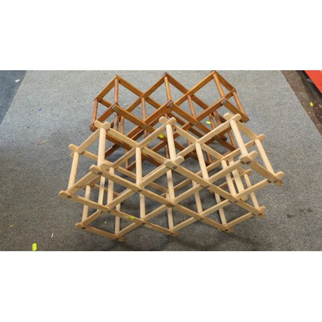 A pair of folding wooden wine racks, one in a natural finish...