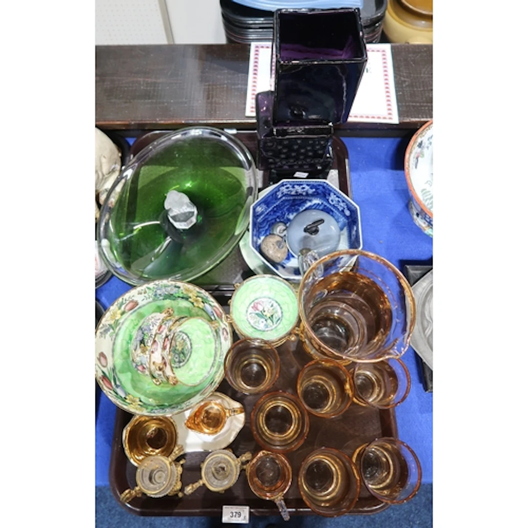 A Wedgwood green glass bowl, a purple glass cube vase, a Mal...