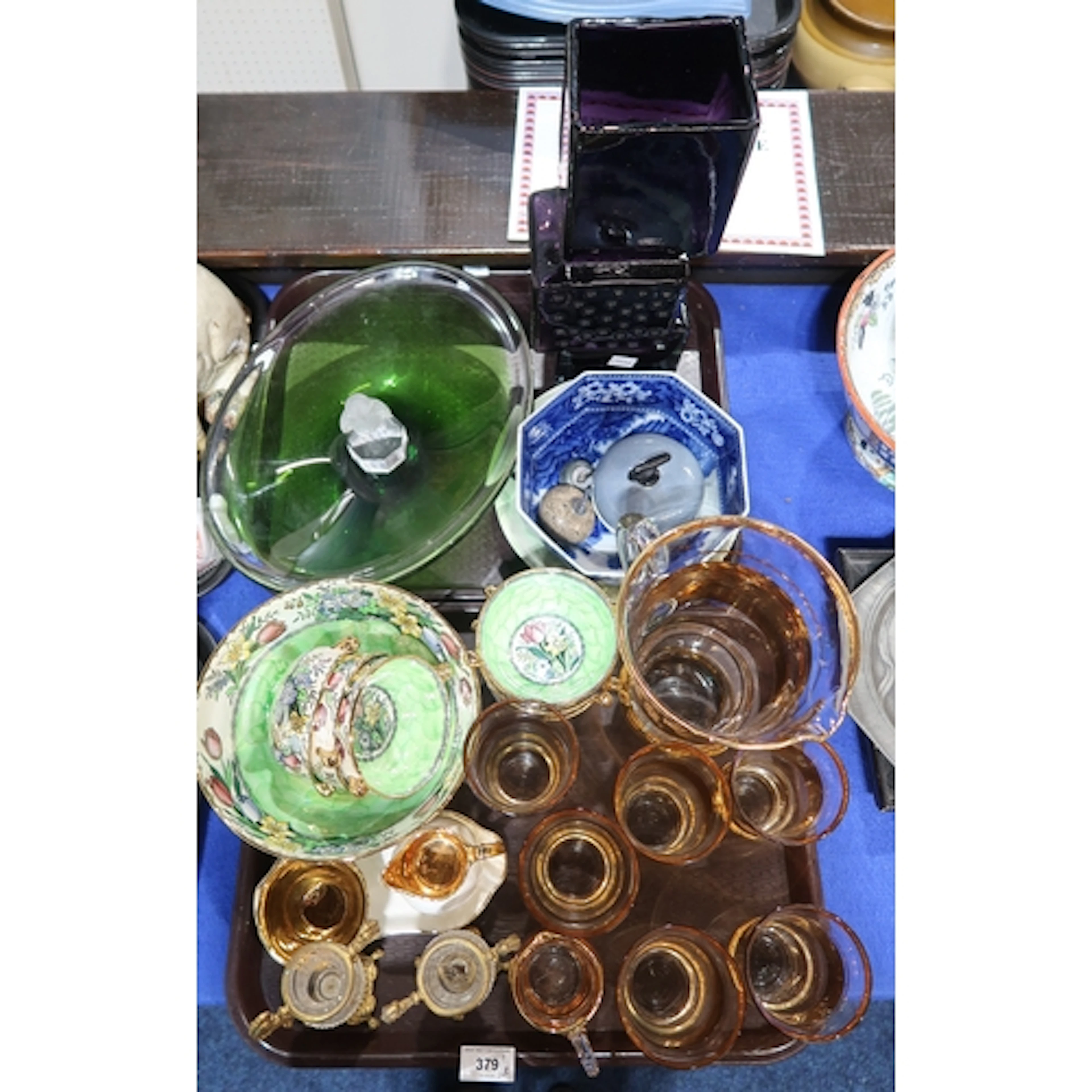 A Wedgwood green glass bowl, a purple glass cube vase, a Mal...