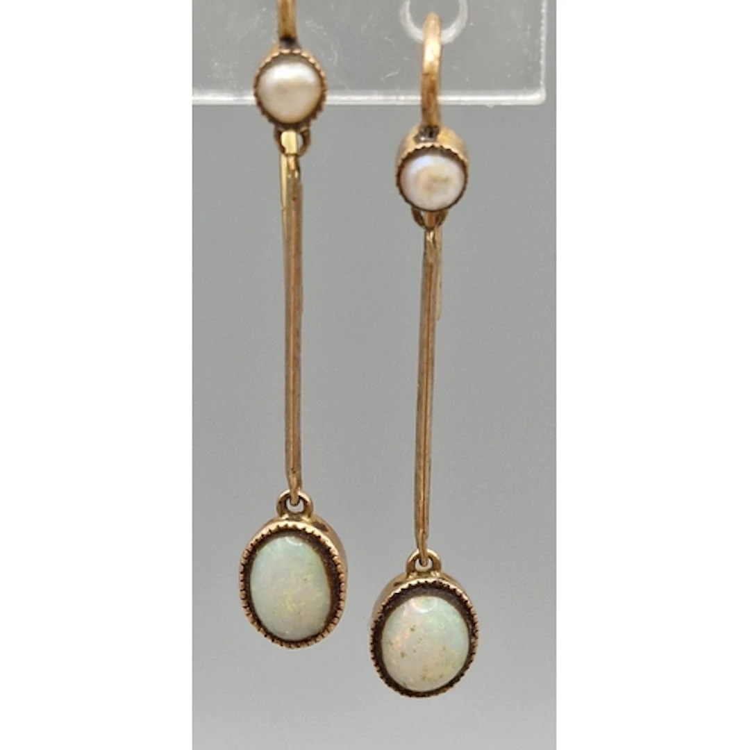 Pair of 15ct gold and opal drop earrings. 1.4g approx. (B.P....