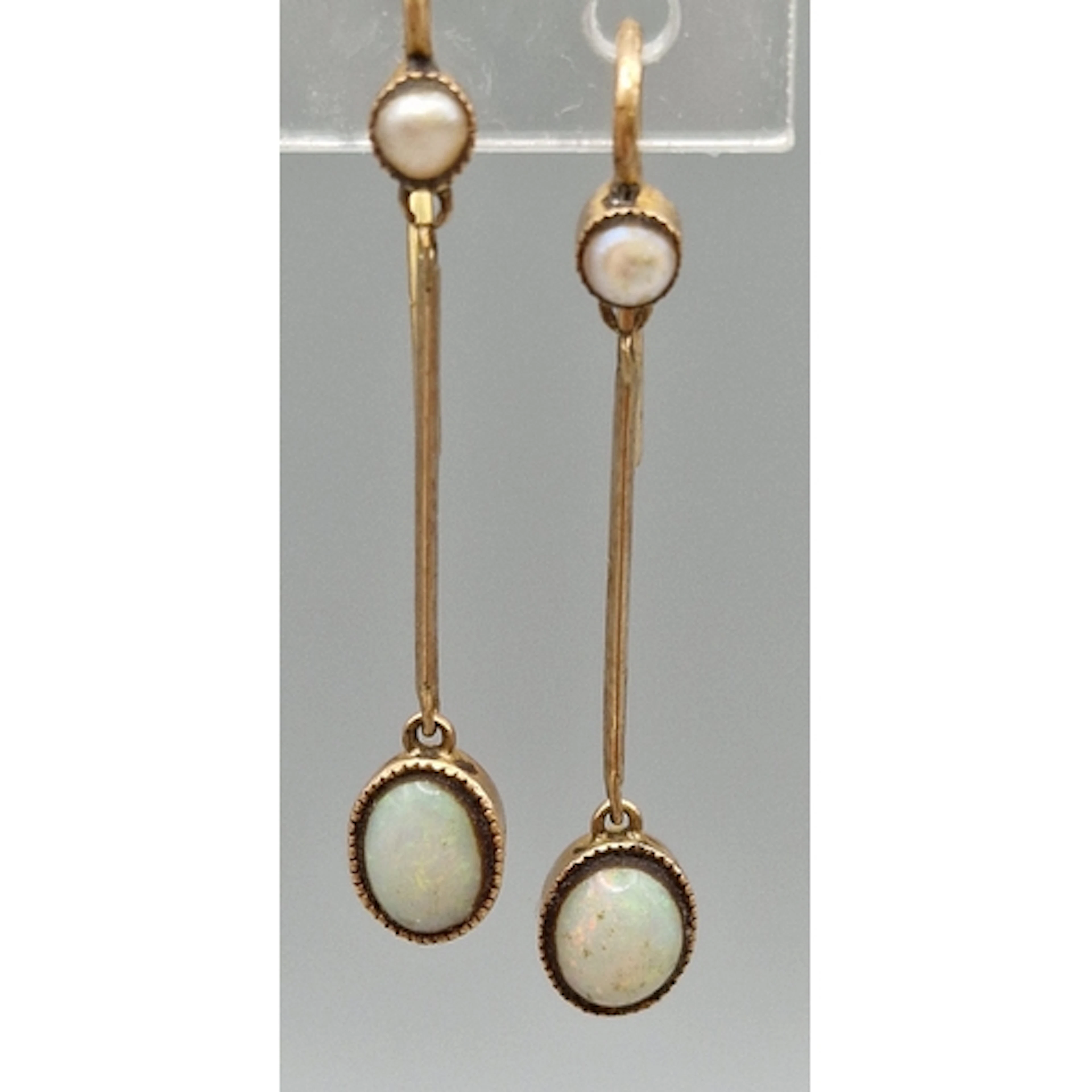 Pair of 15ct gold and opal drop earrings. 1.4g approx. (B.P....