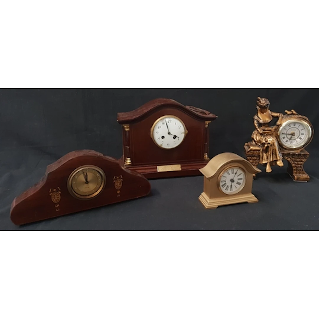 SELECTION OF FOUR VINTAGE MANTEL CLOCKS including a Mahogan...