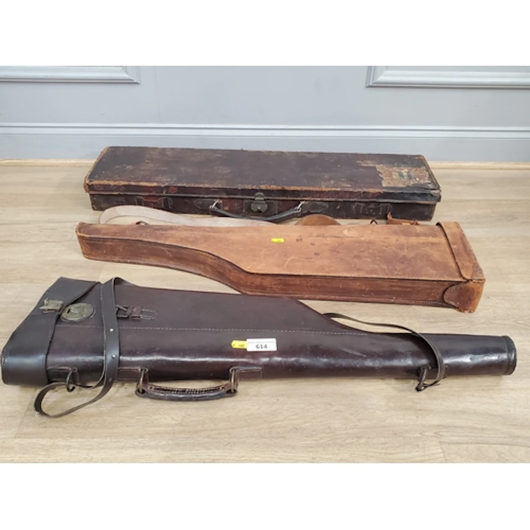 Three vintage leather Gun Cases, (R2).