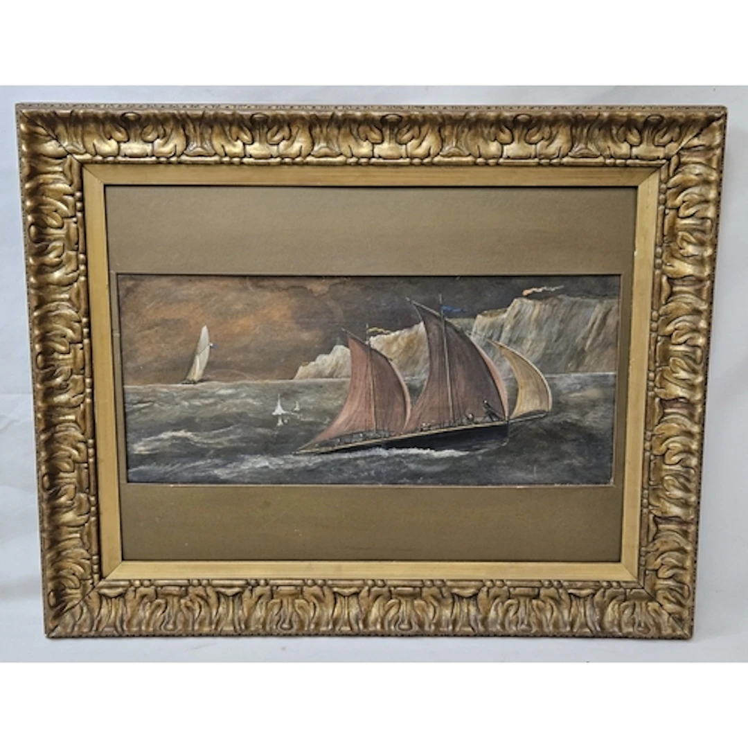 Framed Oil on Card 2 Masted Ship off the coast, partial titl...