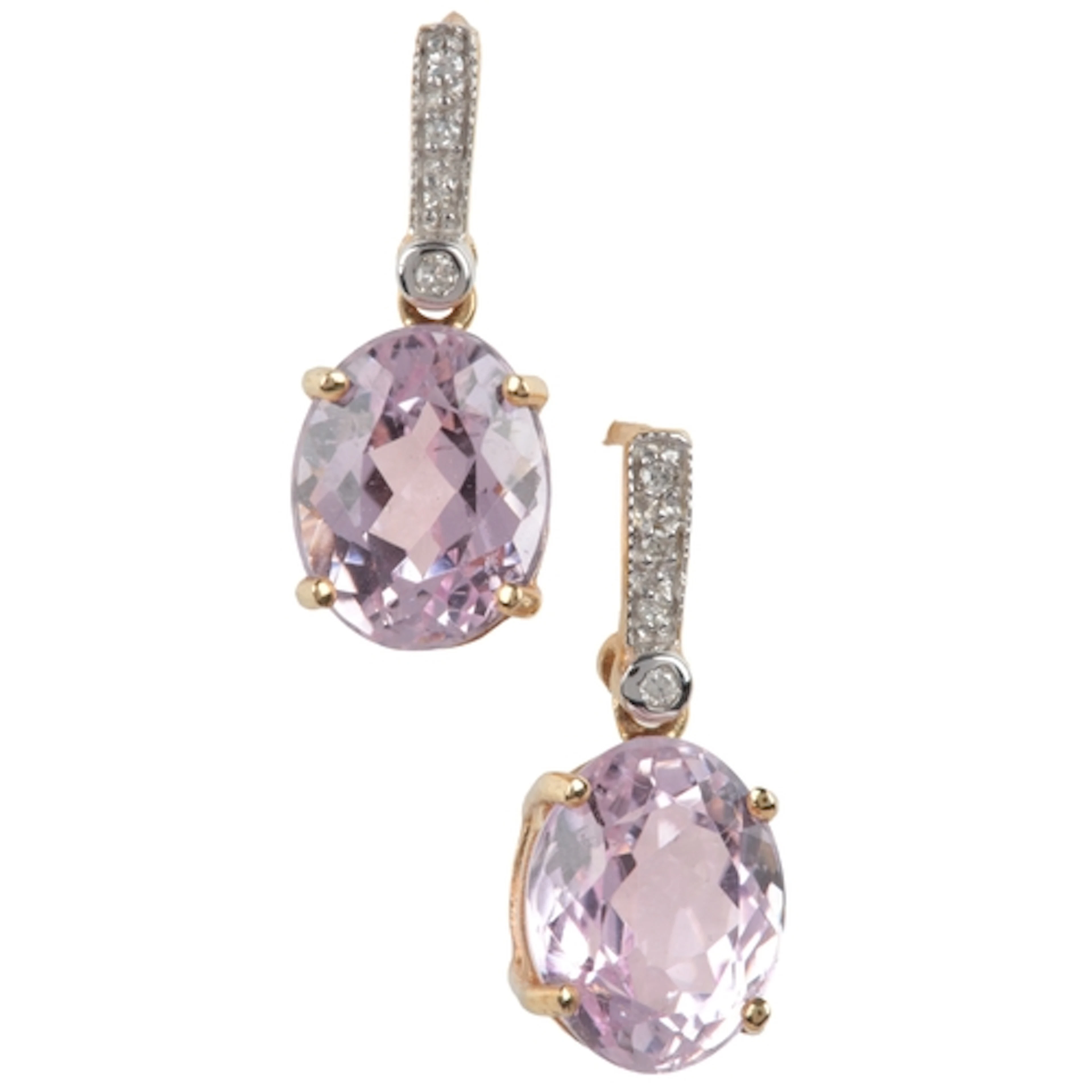 A pair of kunzite and diamond earrings, suspending a pair of...