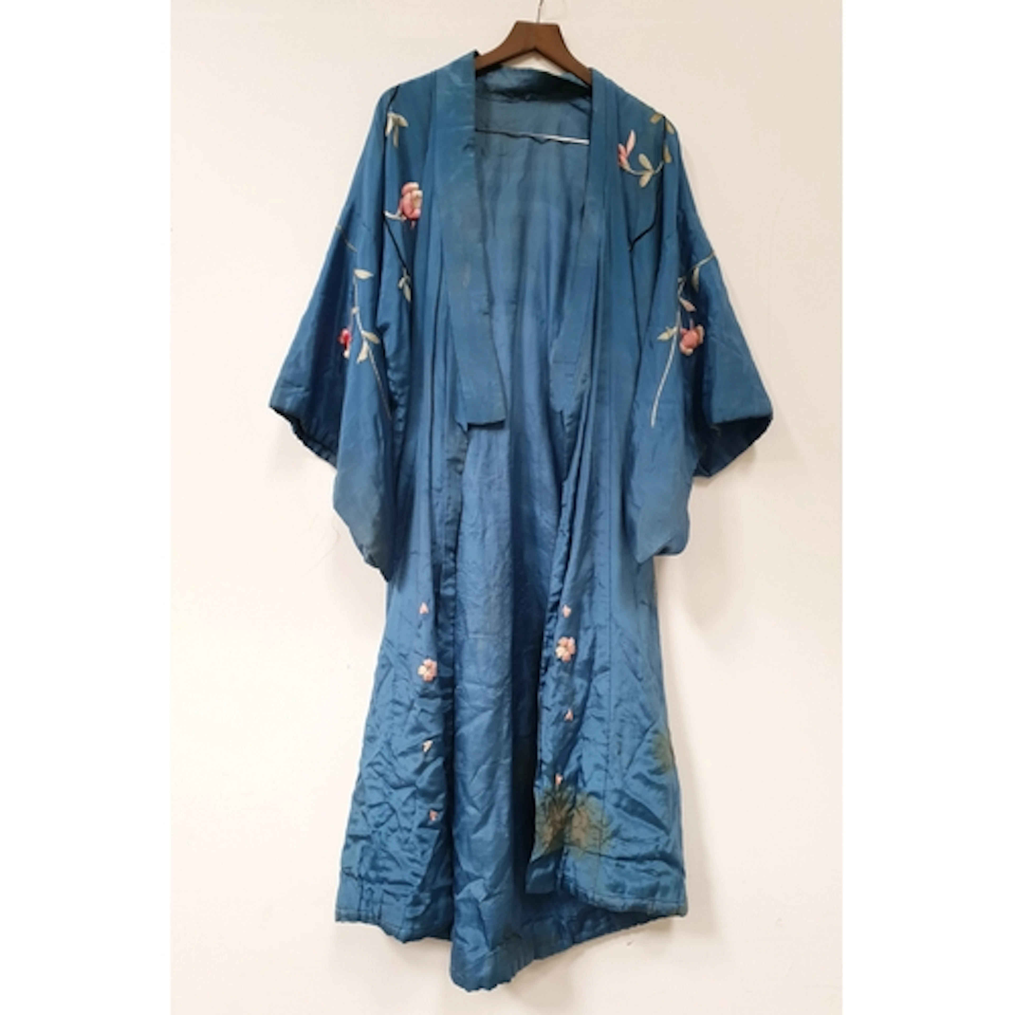 VINTAGE SILK KIMONO adorned with detailed embroidered peoni...