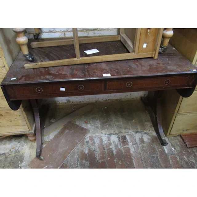 19th Century mahogany drop-leaf sofa table, on turned suppor...