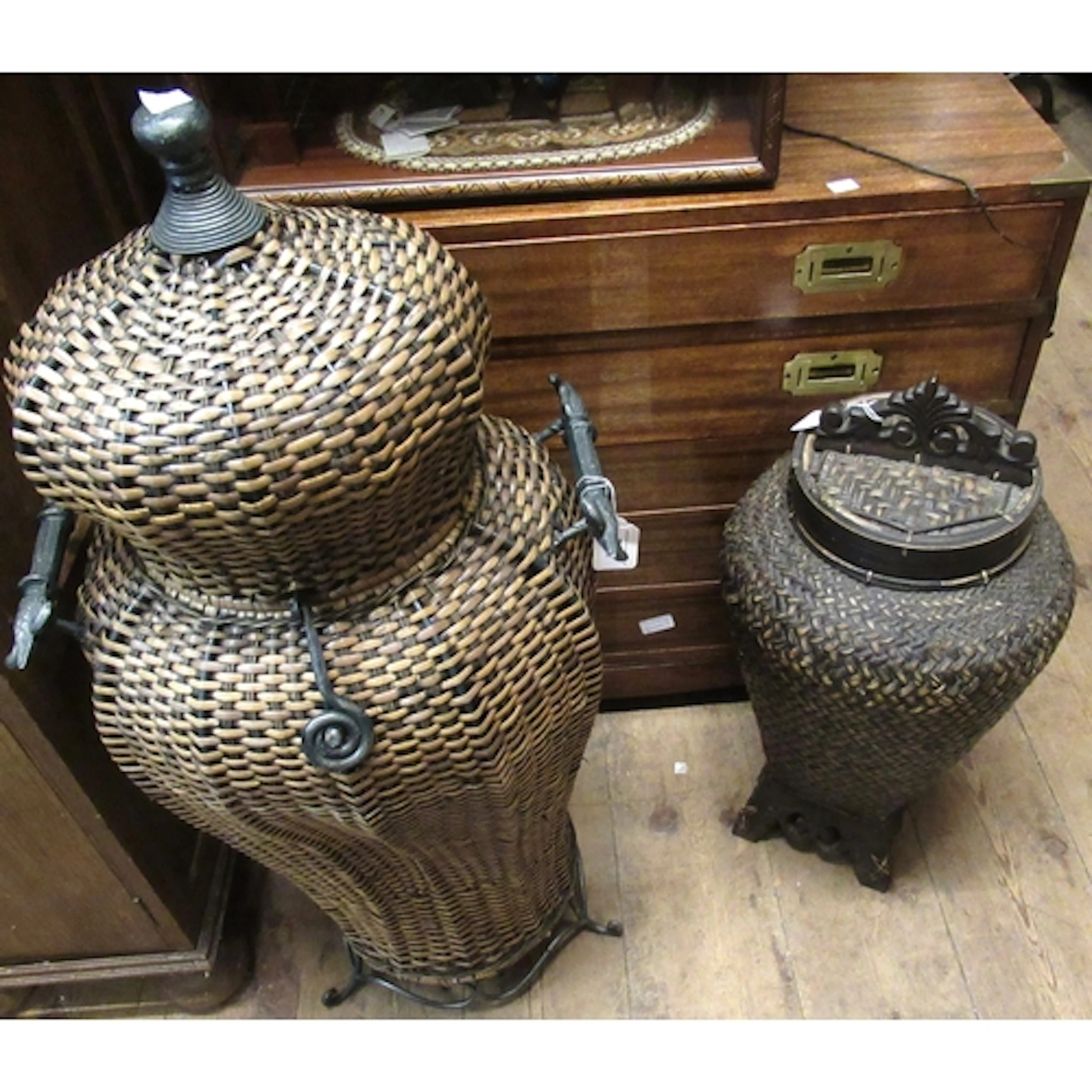 Large iron and wicker work two handled basket, with hinged c...
