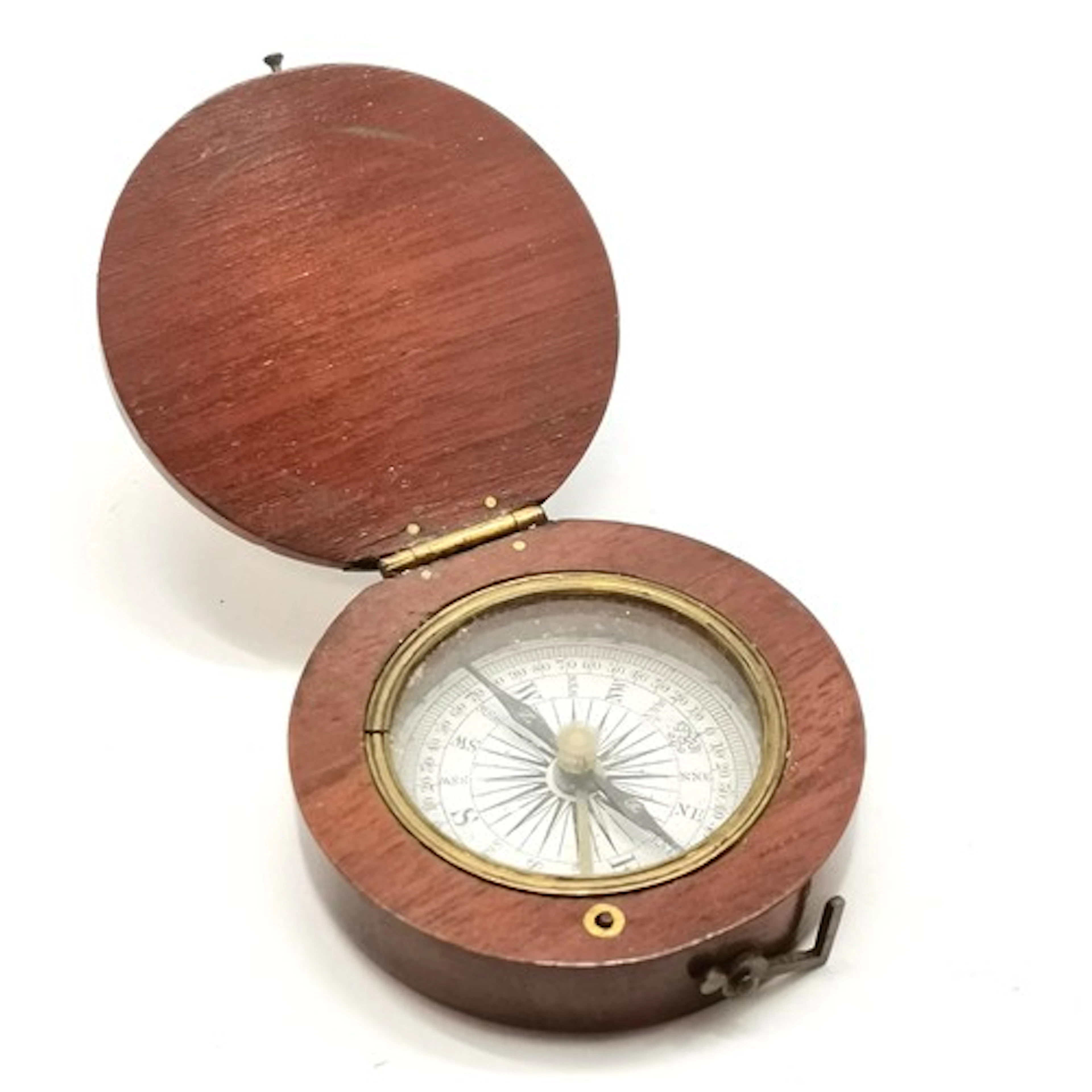 Antique wooden cased compass with hinged lid - 4.5cm diamete...
