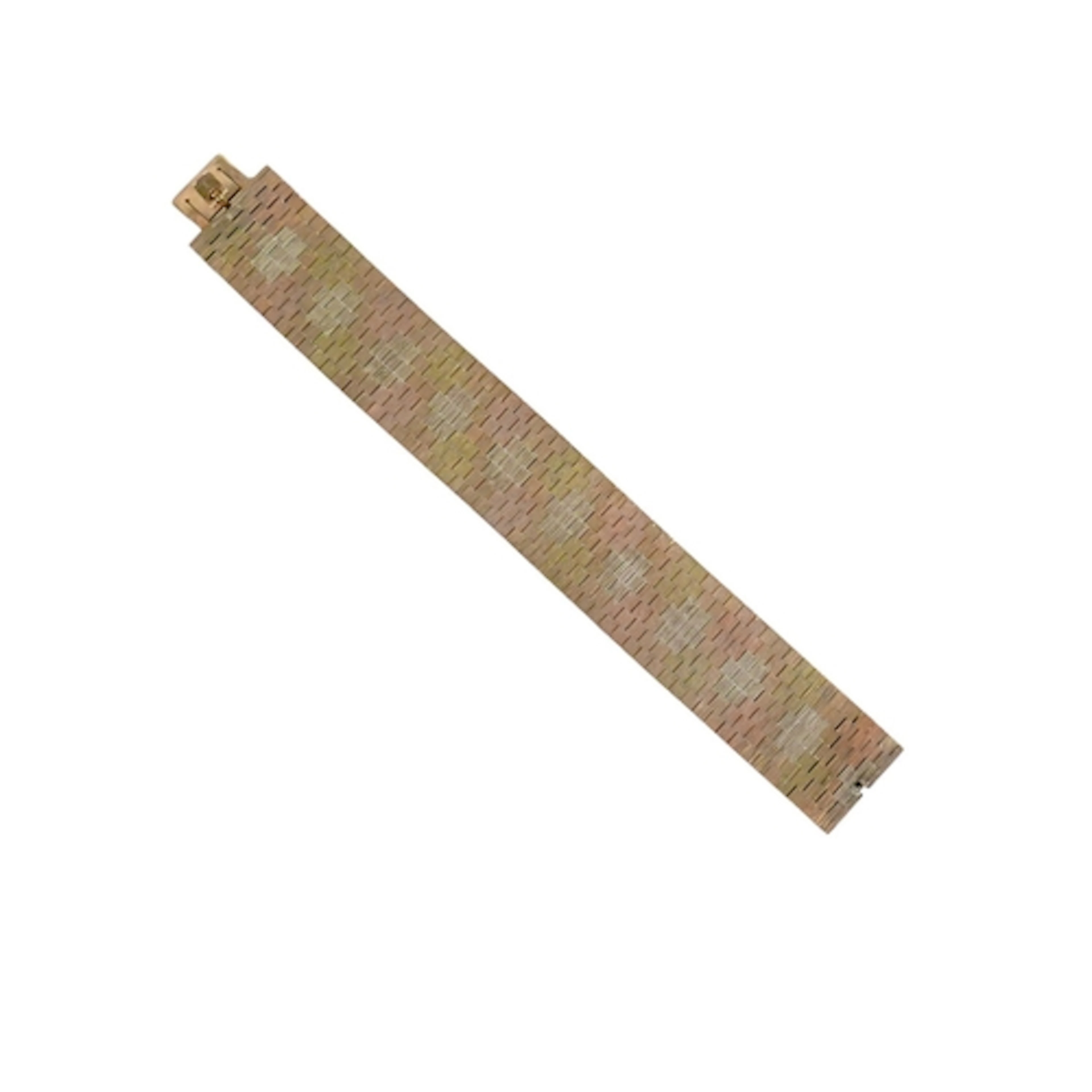 A 9CT THREE COLOUR GOLD FLAT BRICK BRACELET. with sections o...