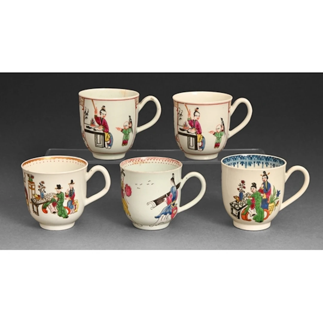 Five Worcester coffee cups, c1780, three painted with Chines...