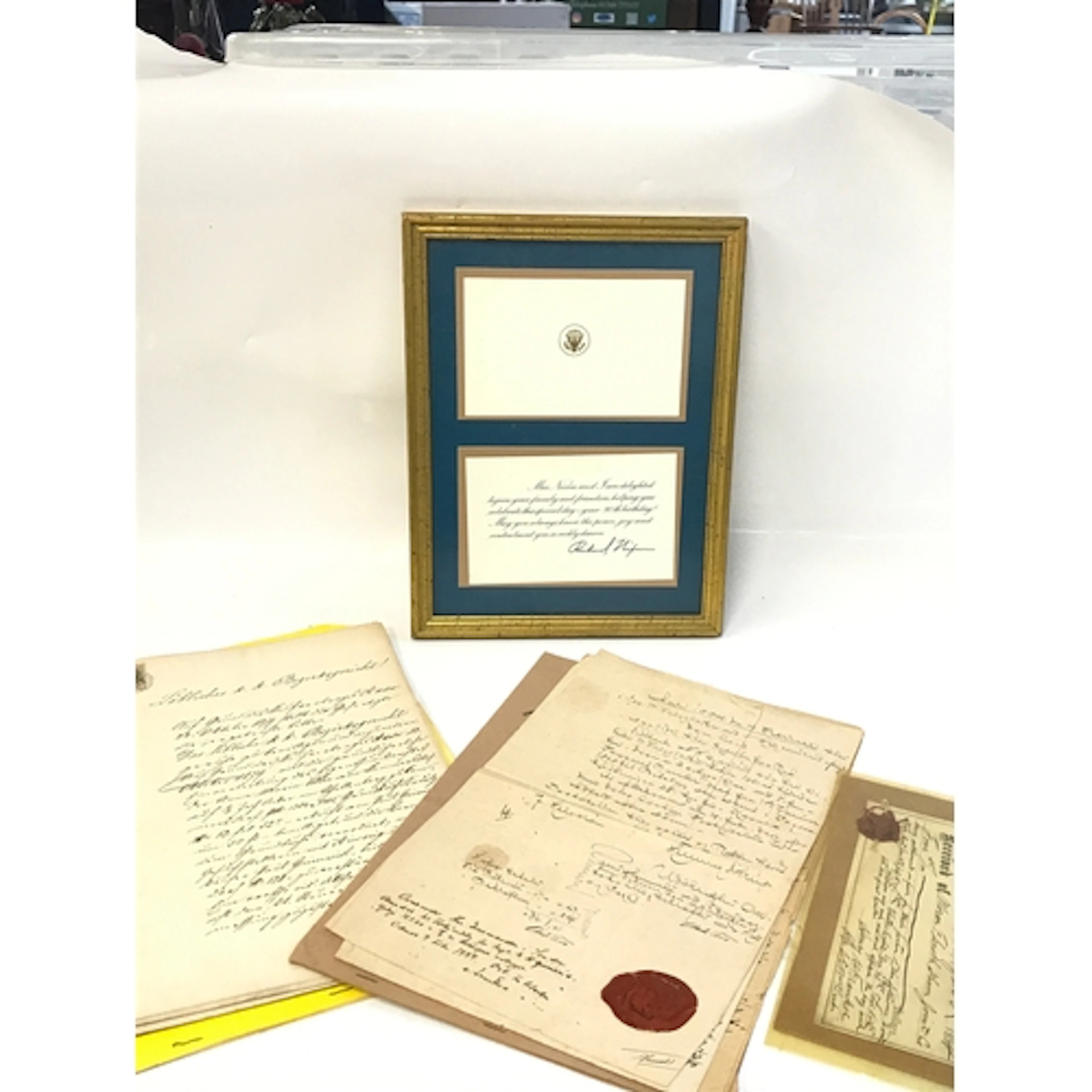 A collection of old letters, framed Richard Nixon letter 90t...