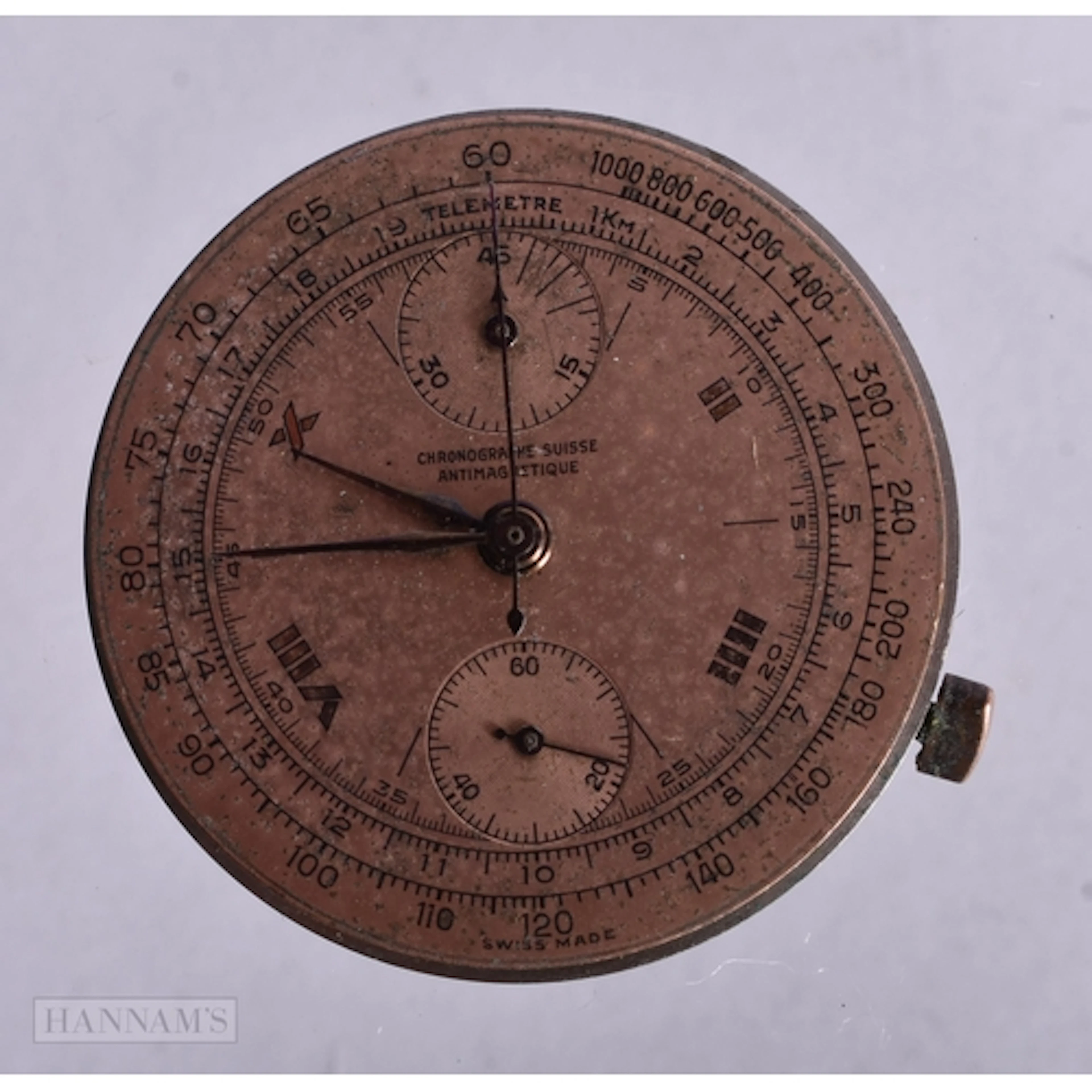A CHRONOGRAPH WATCH MOVEMENT. Untested. 3.5 cm wide.