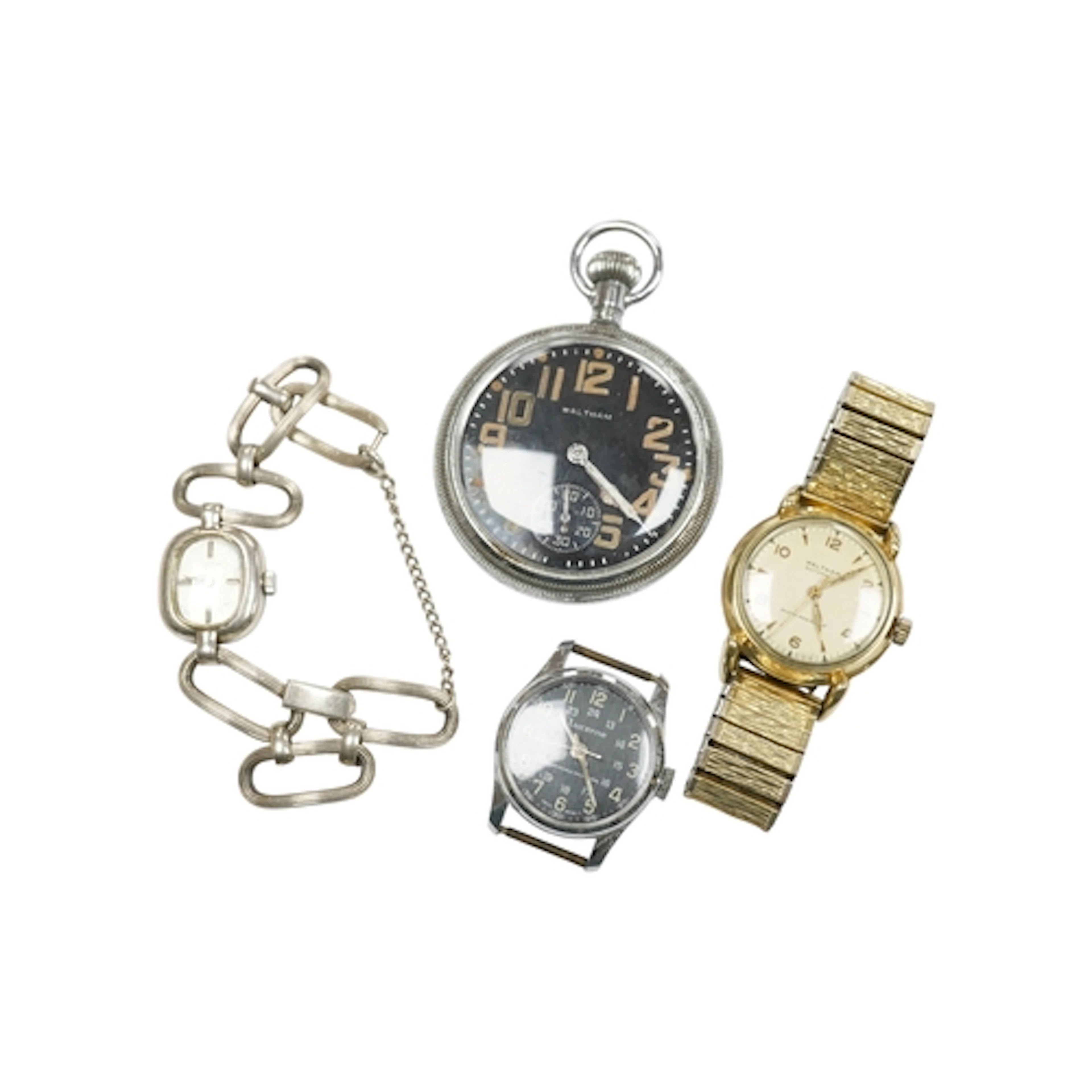 A chrome Waltham open faced military issue keyless pocket wa...