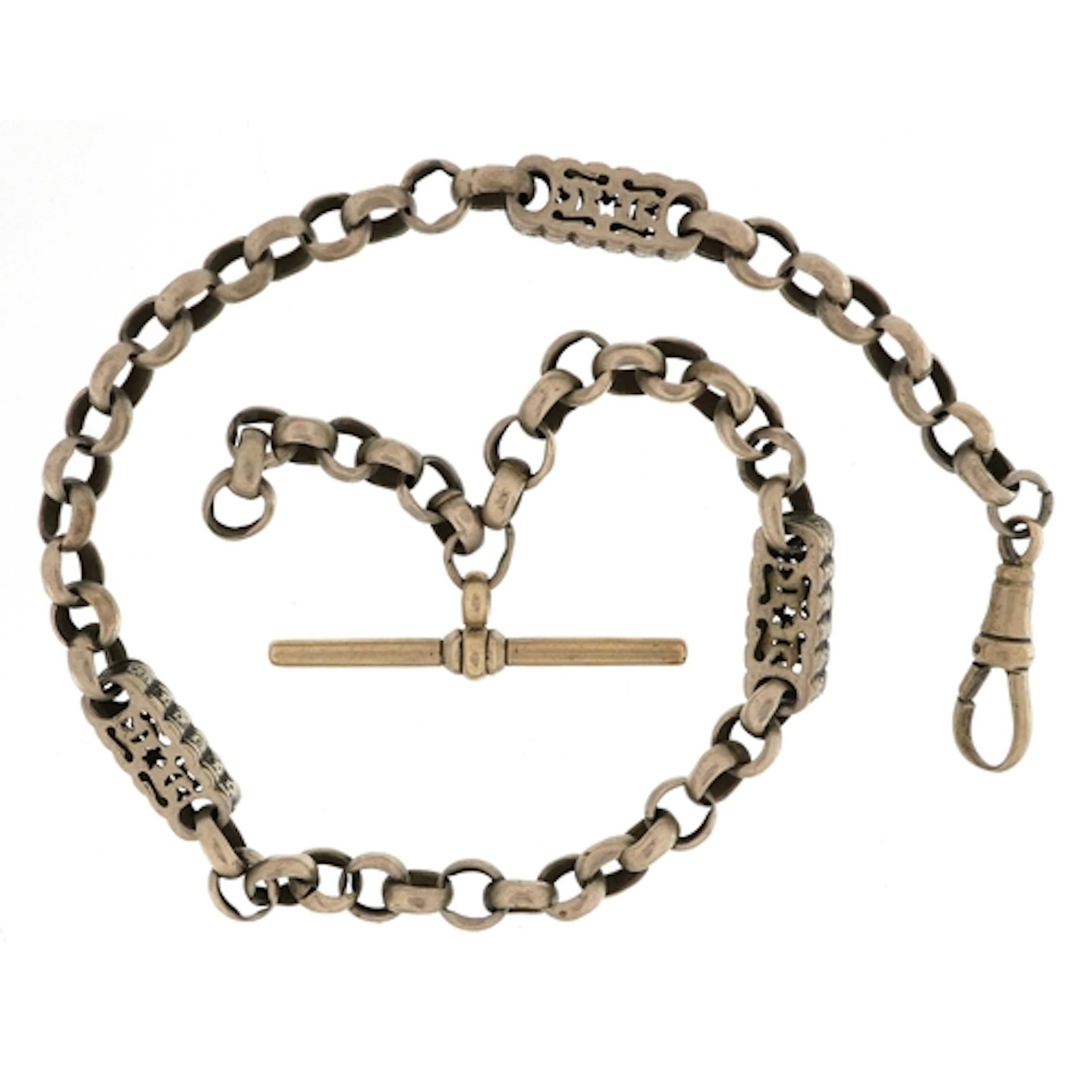 Antique white metal watch chain with dog clip clasp and T ba...
