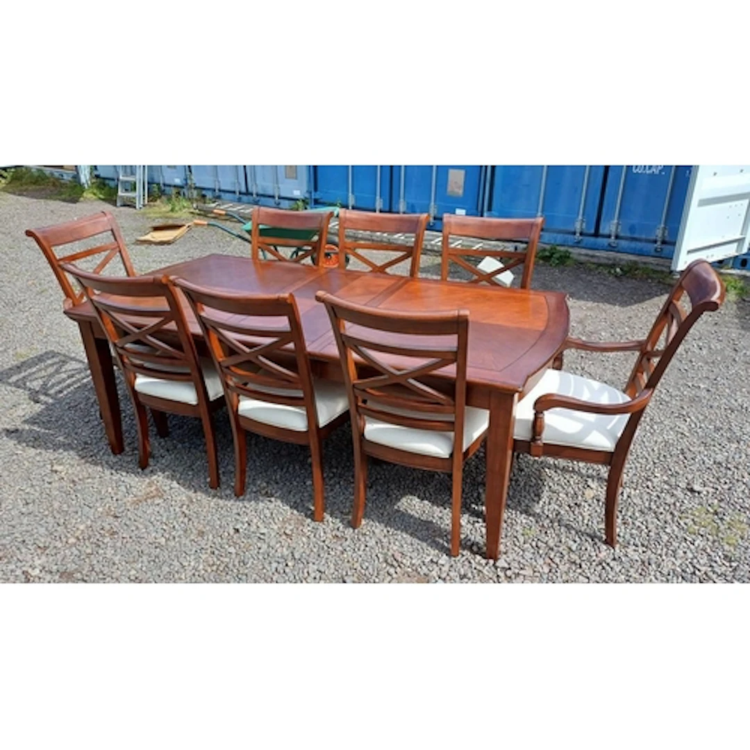HARDWOOD EXTENDING DINING TABLE WITH EXTRA LEAF & SET OF 8 D...