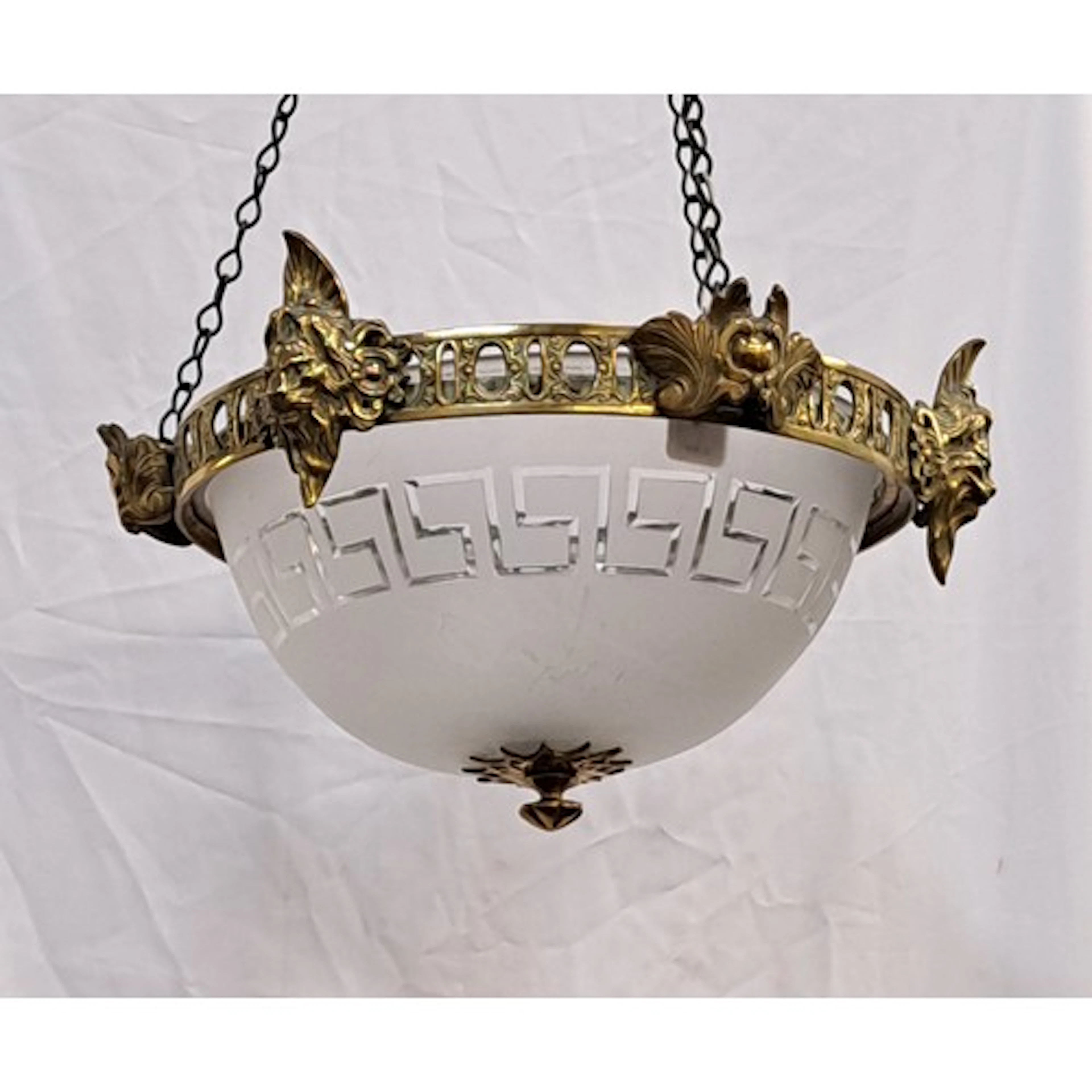 VINTAGE BRASS AND GLASS CEILING LIGHT featuring lion head mo...