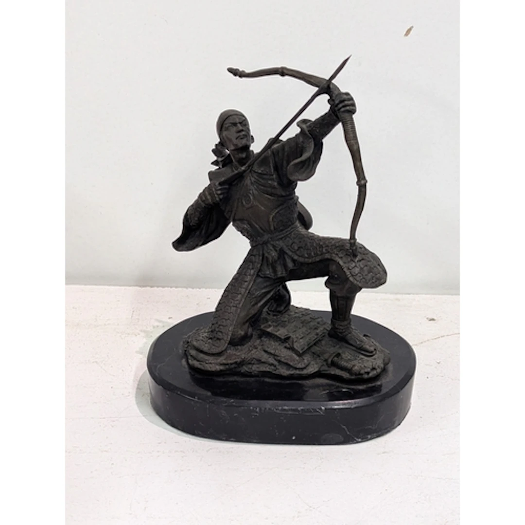 A bronze kneeling Japanese Samurai archer drawing a bow, sig...