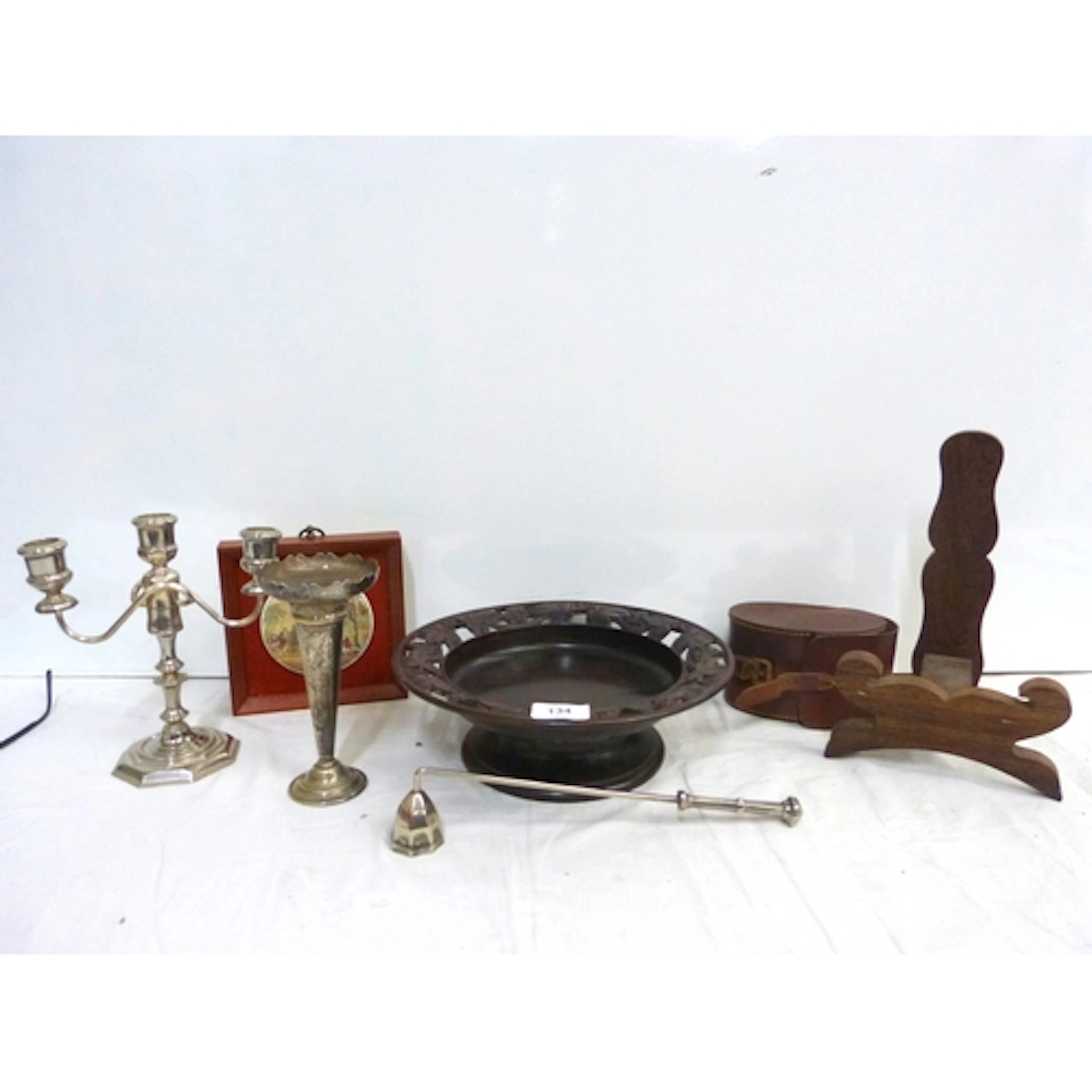 Treen stand, fruit bowl, also epns trumpet vase, candlestick...