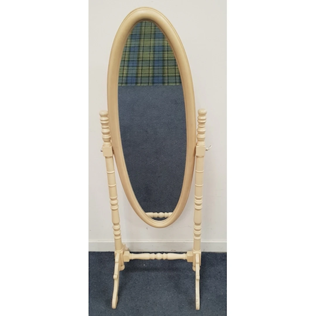 WHITE PAINTED CHEVAL MIRROR with bevelled edge, supported o...
