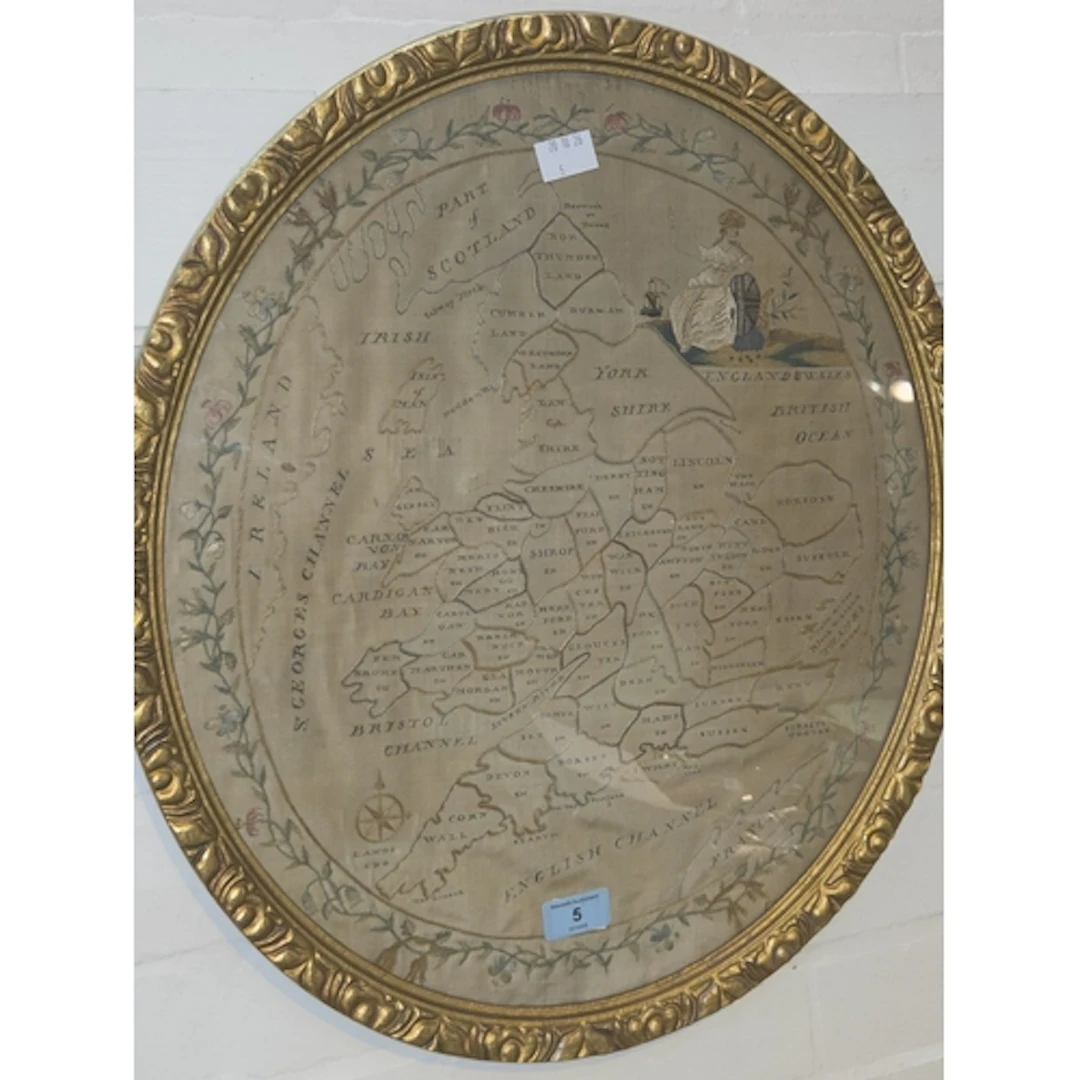 A 18th century silk map of England and Wales, hand stitched ...