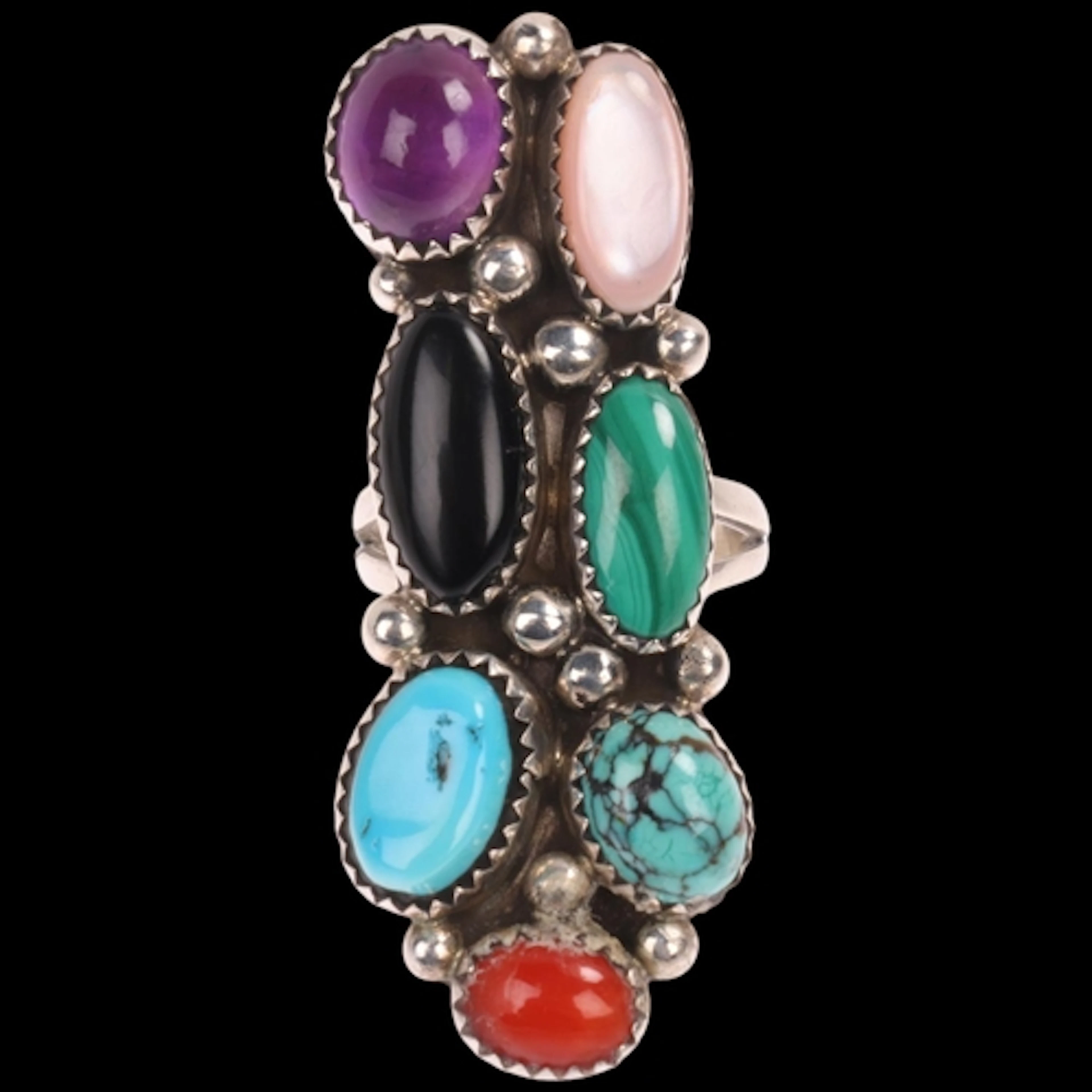 A Vintage Native American Navajo sterling silver gem set pan...