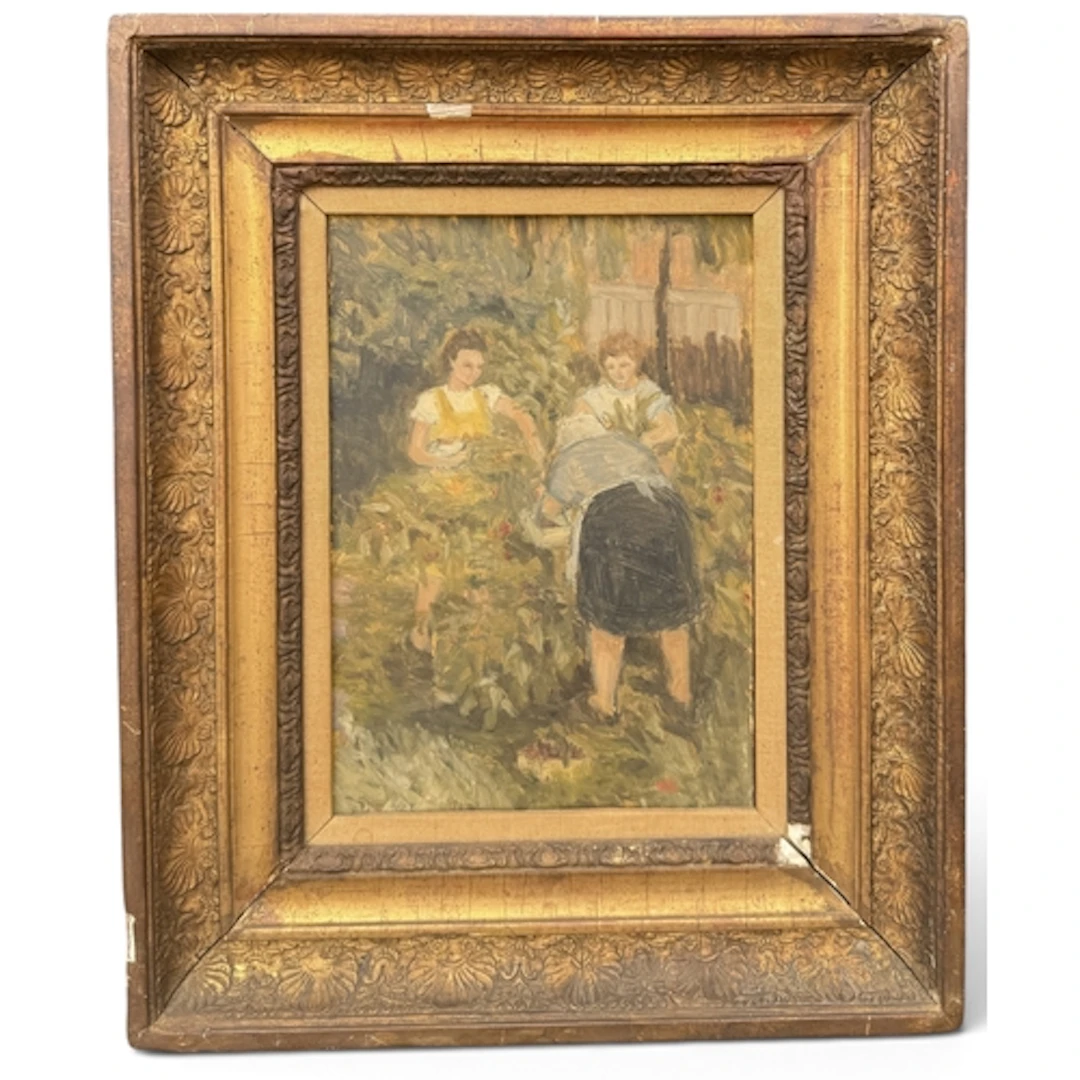 MARGOT NOYES (BRITISH, 20TH CENTURY): FRUIT PICKERS Oil on b...